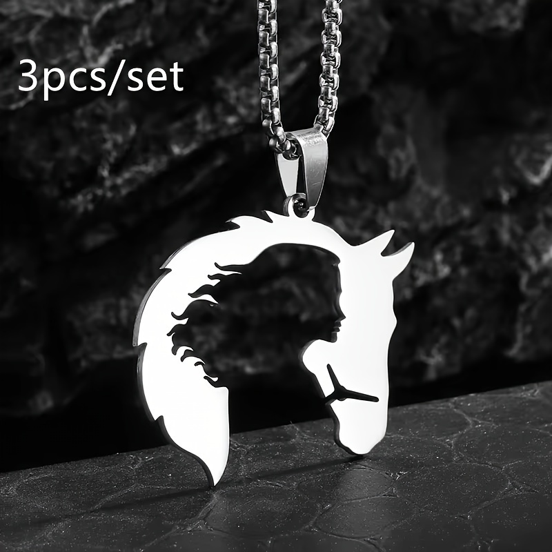 

3pcs/set Stainless Steel Simple Hollow Horse Head Animal Pendant Necklace Men And Women Hip-hop Trendy Cool Jewelry