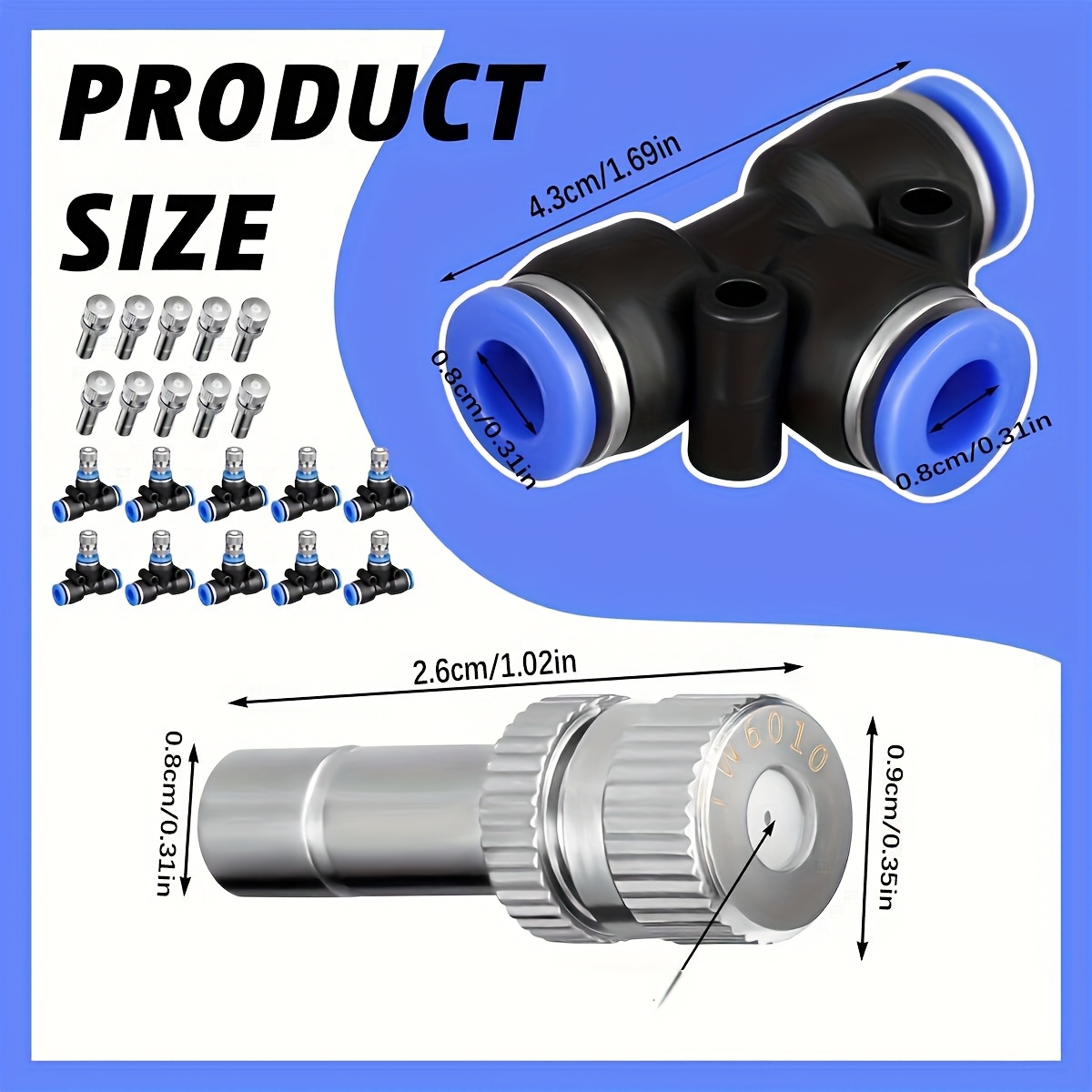 Image of 20pcs Misting Nozzles 1/4" Water Misting Nozzle Tees, 8mm Brass Nozzles 1/4" Connect Fitting Air Hose Sprayer For Outdoor Spray Cooling System(two Section)