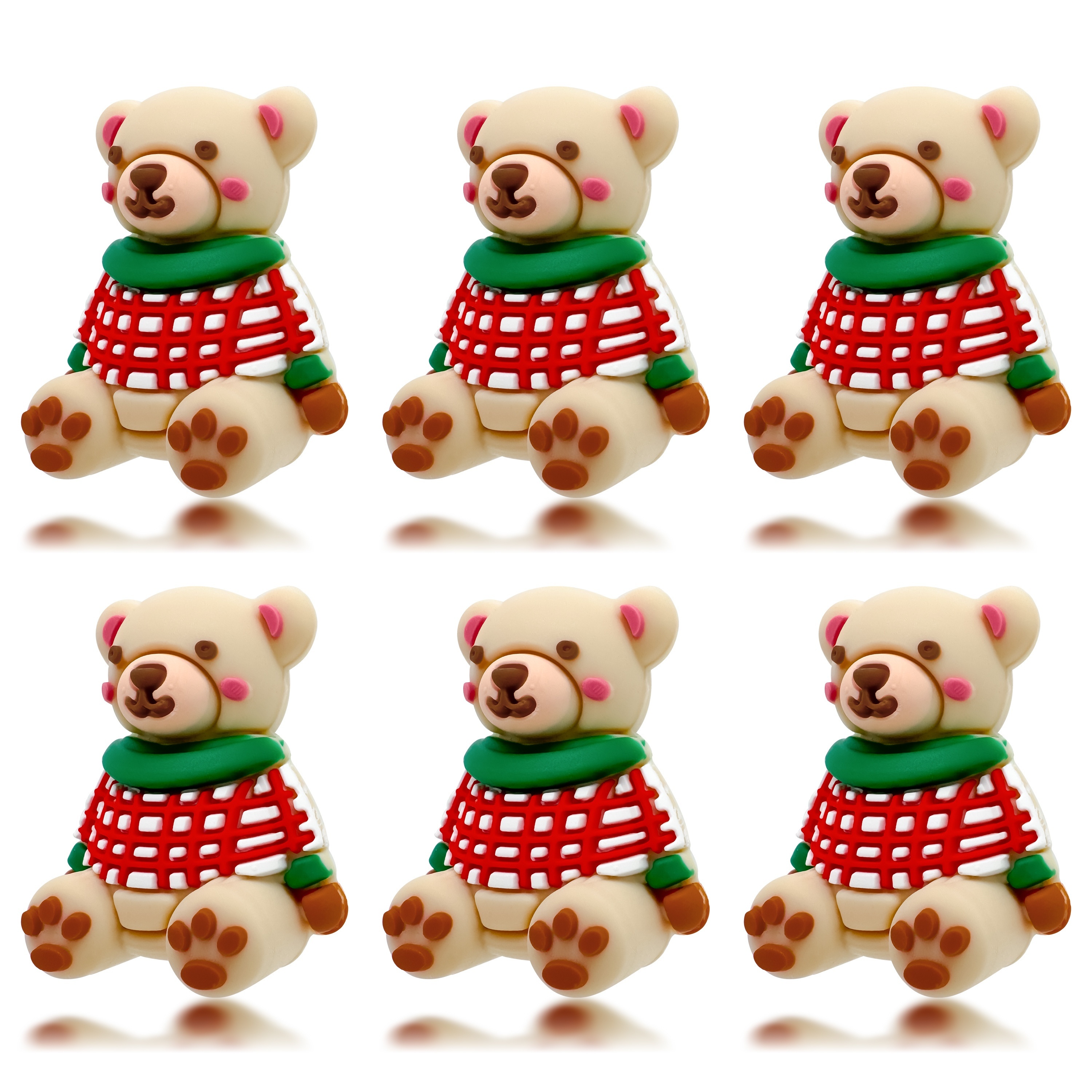 

6-pack Silicone Christmas Bear Beads - 3d Sweater-clad Bear Charms For Diy Pens, Keychains, Crafts & Handmade Gifts