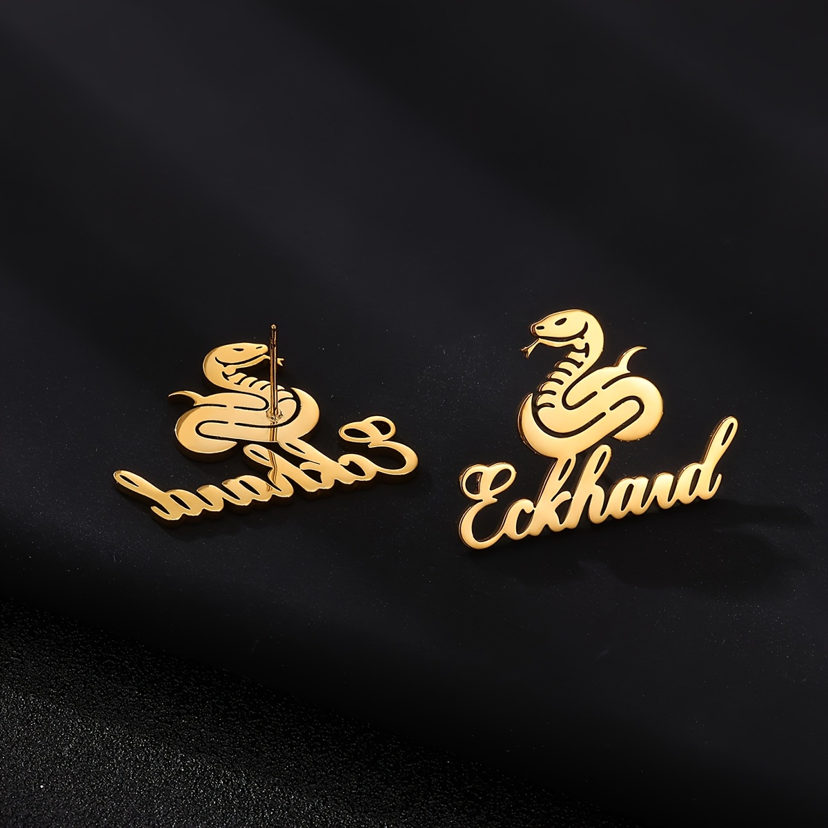 Custom Name Golden Snake Earrings, Personalized Cartoon Cobra Studs