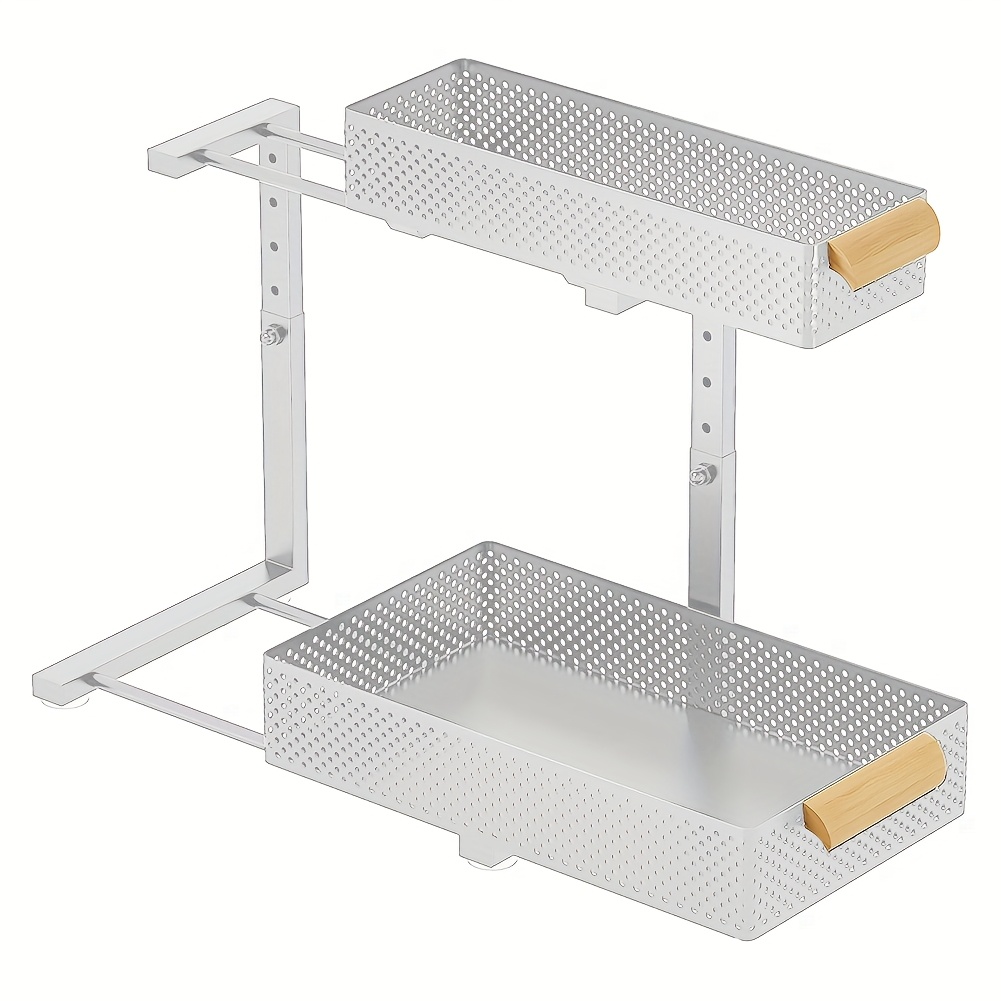 TEMU Two-level Metal Sink Cabinet Organizer, Under-sink Shelf System, Adjustable Height Expandable Sink Shelf, Kitchen Storage For Cleaning Products,