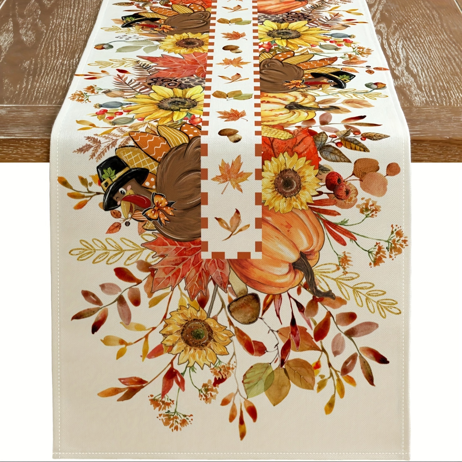 

Thanksgiving Table Runner - Turkey, Pumpkin & Floral Design | Linen Blend | Perfect For Fall Harvest & Farmhouse Decor | Indoor/outdoor Use | Multiple Sizes Available