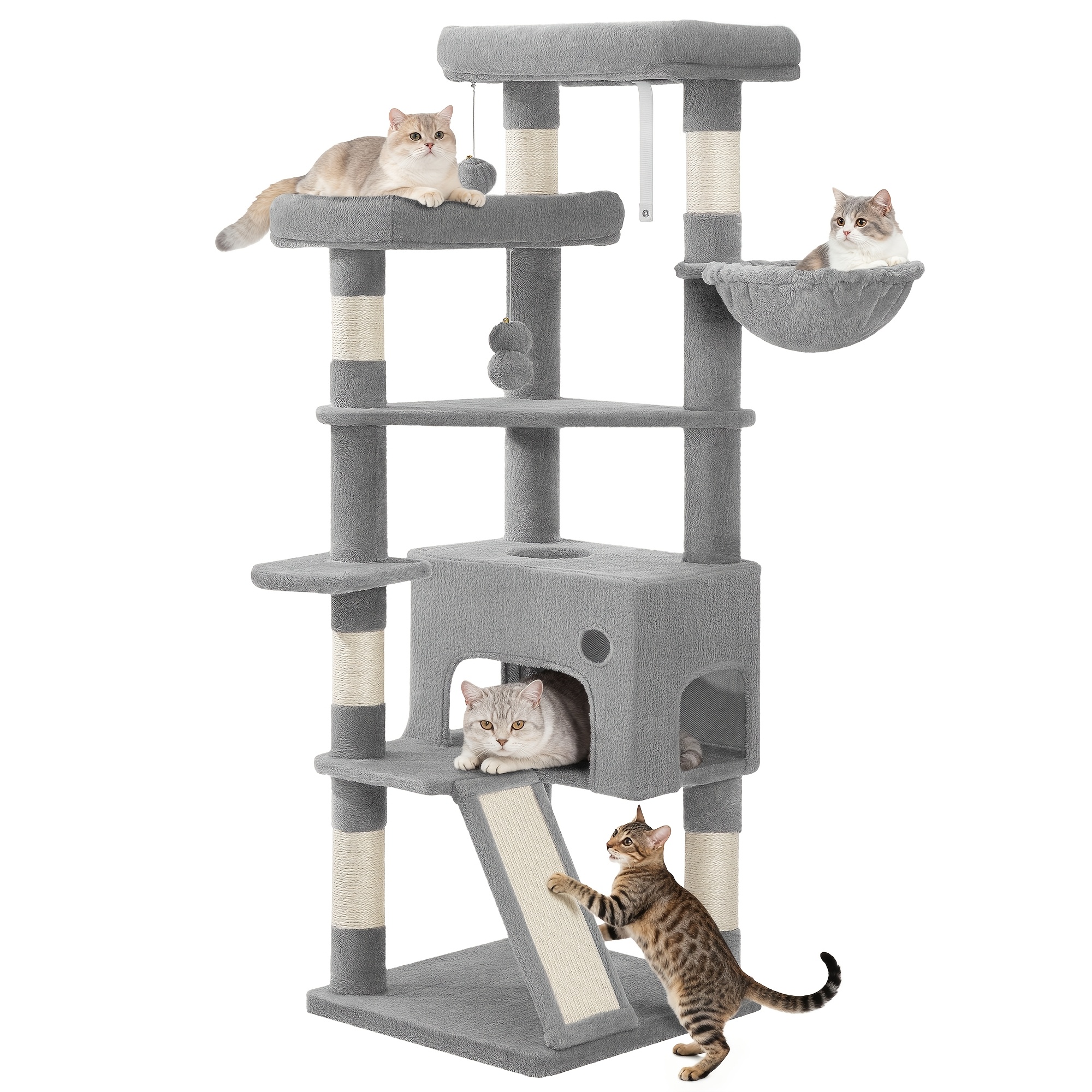 Cat Tree, 153cm Tall, With 6 Scratching Posts, 1 Large, Comfortable Cat House, 3 Large Platforms, Cat Basket, Plush Balls, Scratching Post