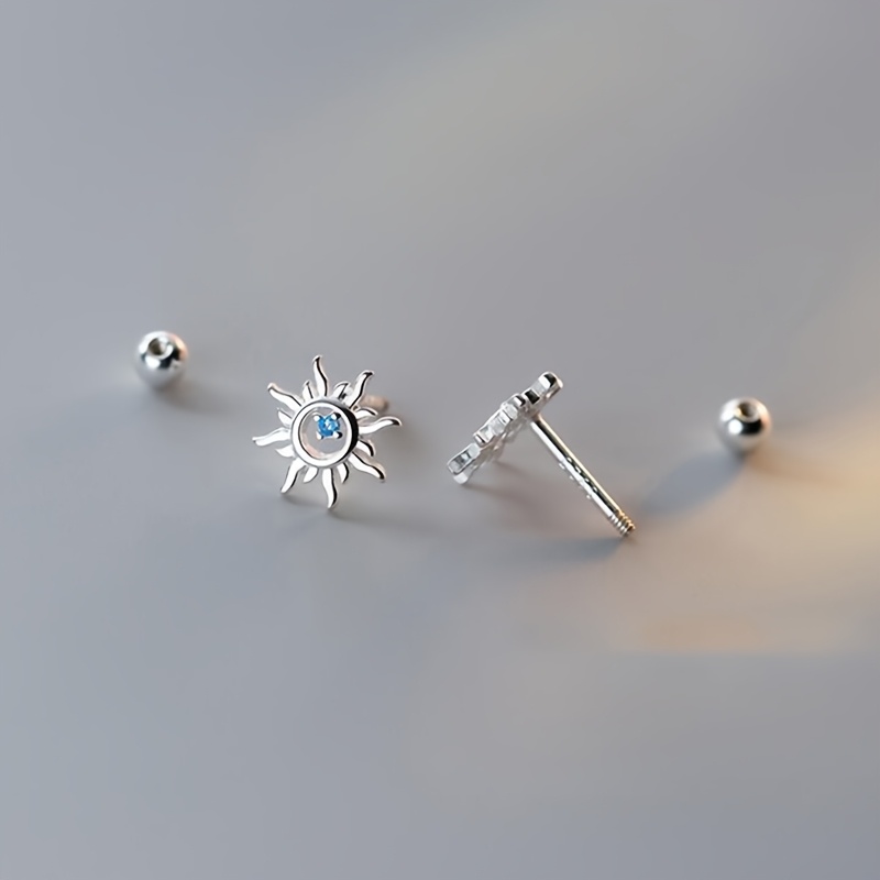 Hollow Sun-Shaped Bead Screw Earrings with Synthetic Zirconia