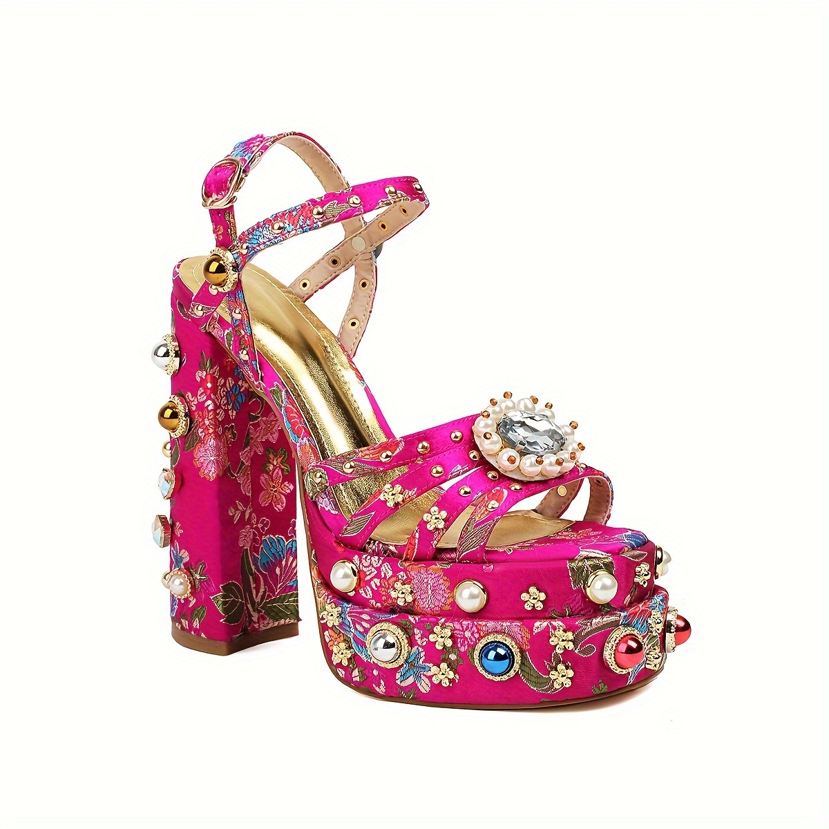 womens vintage print platform sandals ankle buckle strap faux pearl decor block heels slingback elegant party banquet shoes details 8