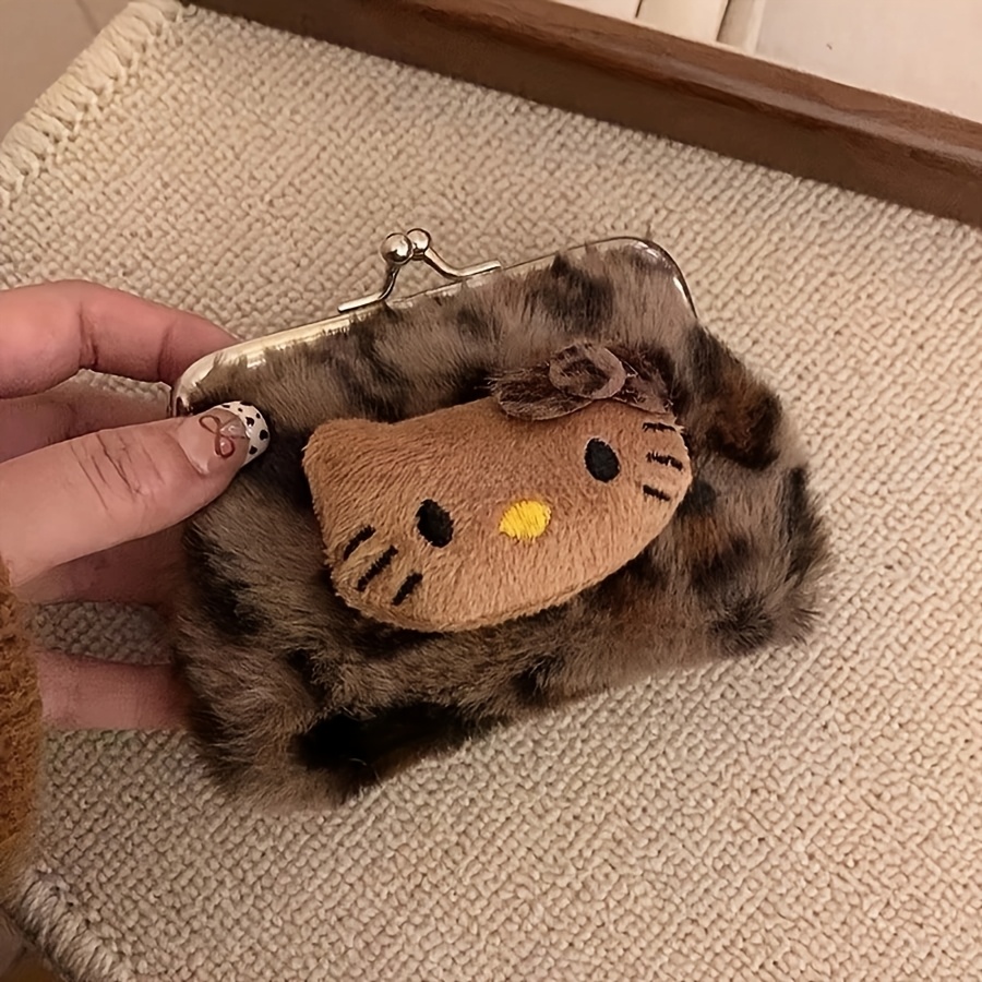 Hello Kitty Leopard Print Makeup Bag - Mini Cute Portable Coin Purse, Stylish Multi-functional Travel Storage Bag Soft Polyester With Kiss Lock Closure, Light Brown, Hand Wash Or