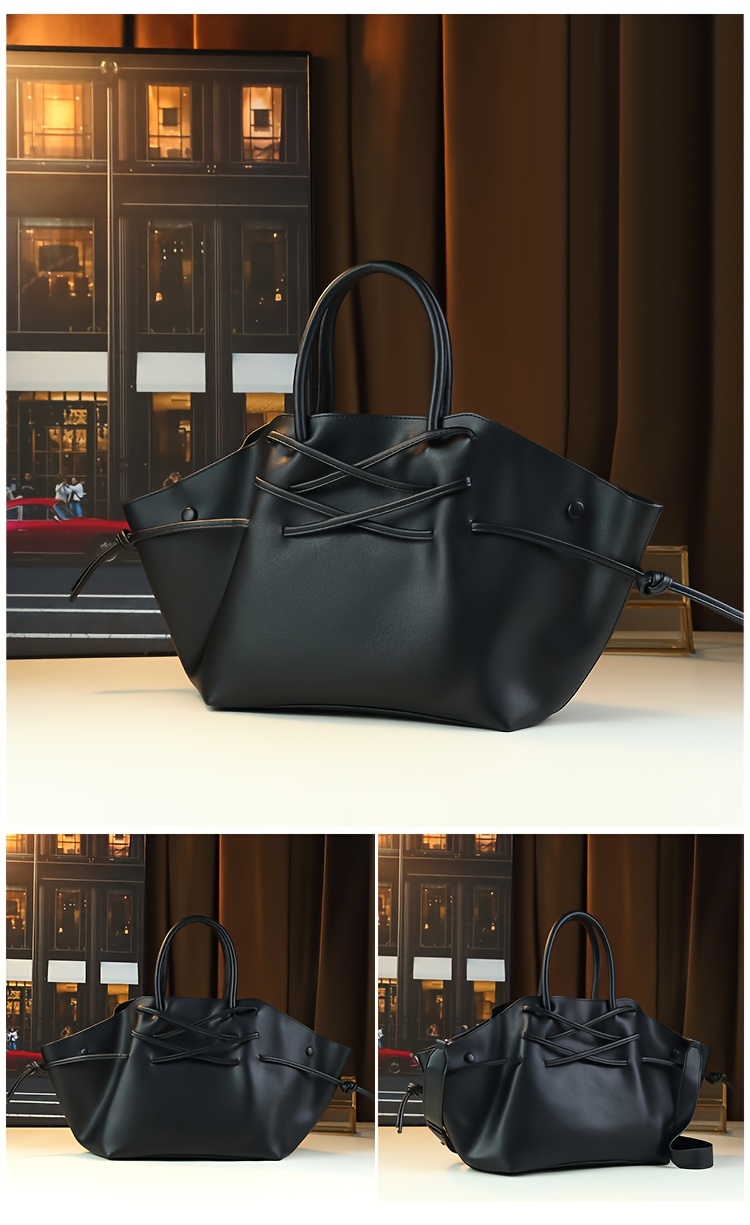 Black Drawstring Tote Bag on model with crossbody strap