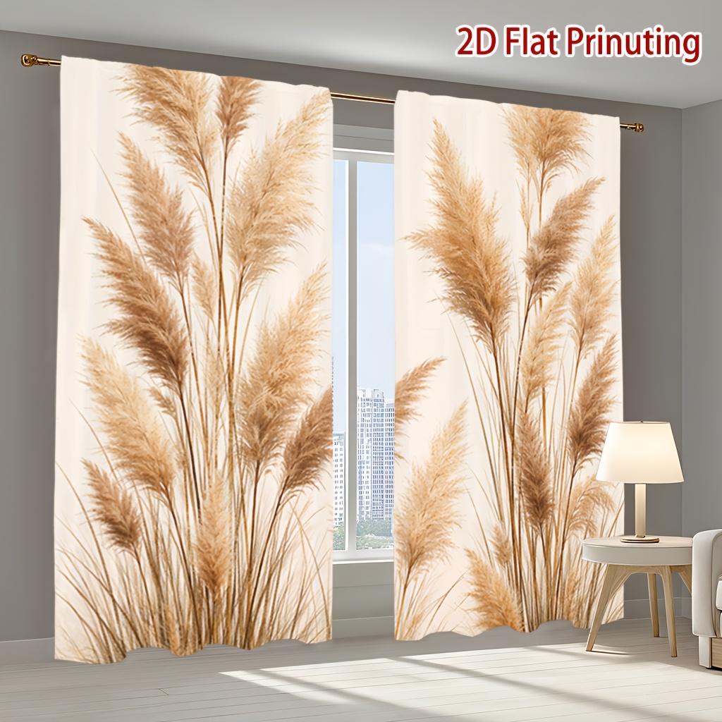 TEMU 2pcs Pampas Grass Pattern + Printed Curtains - Soft Light Filtering, Privacy Protection, Rod Pocket Installation. Suitable For Living Room,