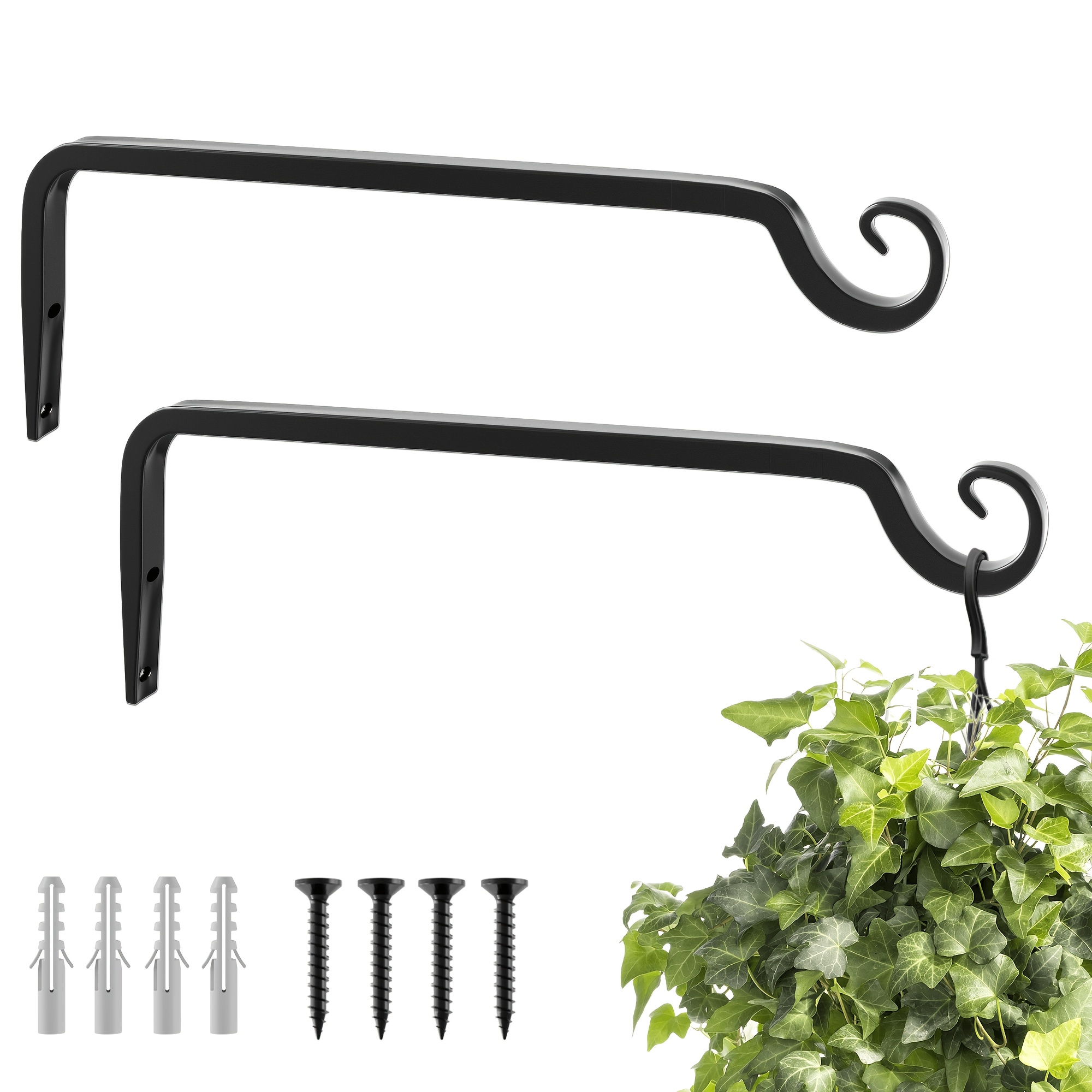 Image of Bamworld Hanging Basket Brackets 2 Pack 10 Inch Heavy Duty Outdoor Wall Mounted For Hanging Plant Pots, Indoor Bird Feeder And Garden Lantern Hooks, Black