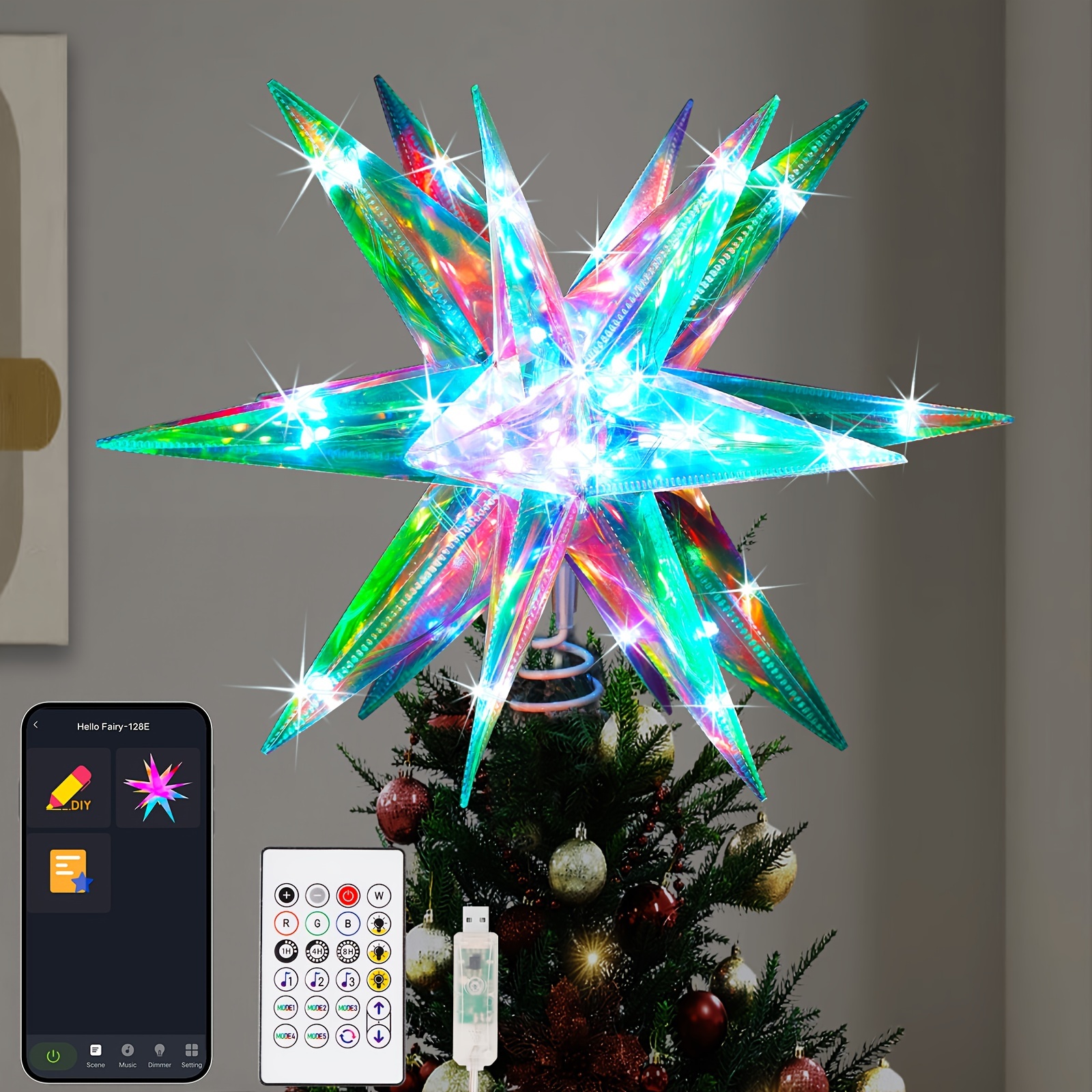 

Christmas Topper, 13.8" Decorations, Crystal-like 3d Polygonal Shell, App Control Led Christmas Light, Music Rgb Color Changing With Remote For Indoor And Outdoor Decor