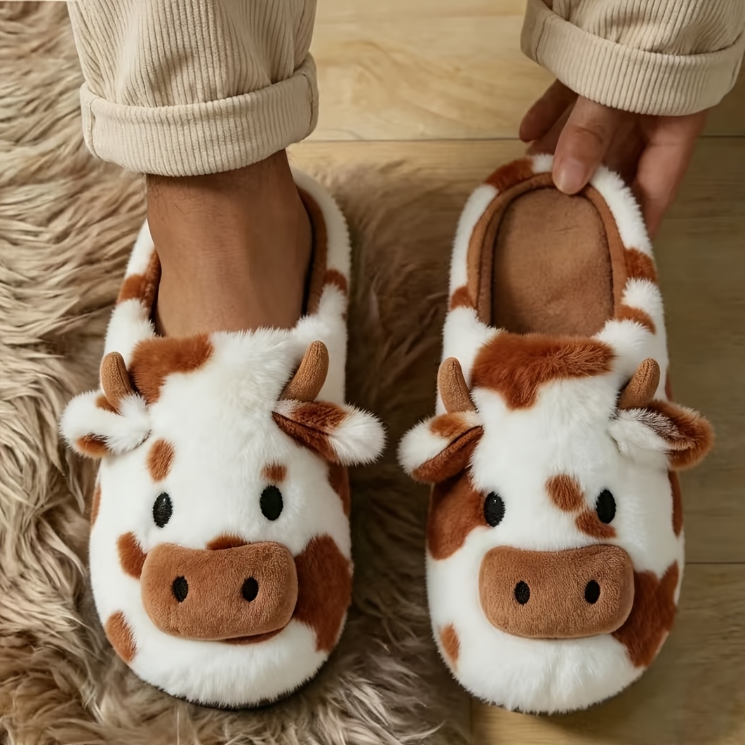 TEMU Autumn Winter Men's Home Slippers Cartoon Cow Pattern Soft Sole Lightweight Indoor Slippers Home Couple Cute Cartoon Slippers Dormitory Student
