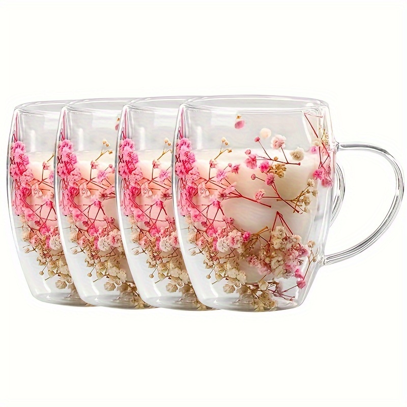 

4-piece 11.83oz Double-walled Glass Coffee Cups With Dried Flowers - Insulated For Hot And Cold Drinks, Reusable, Recyclable
