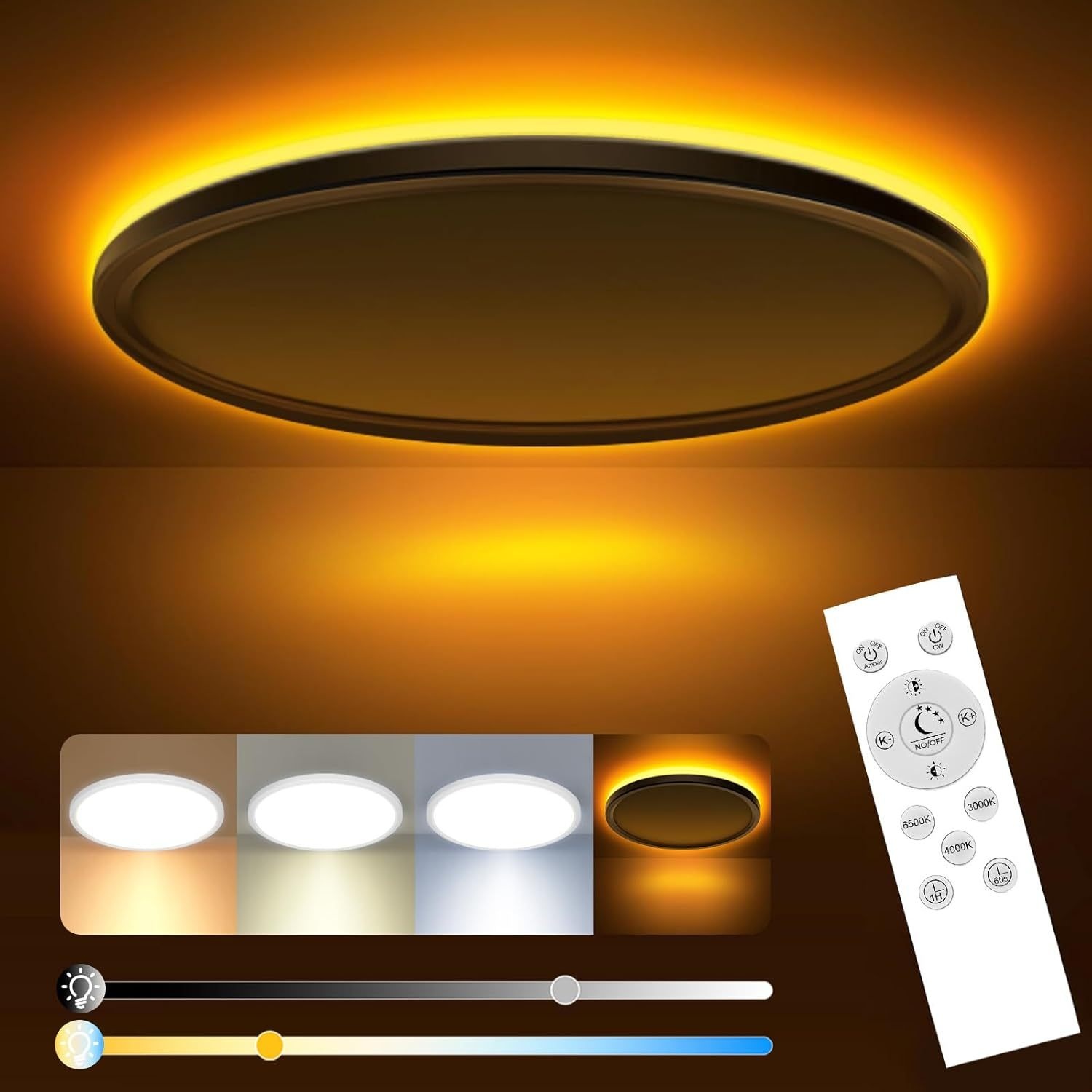 E-shop 15,4 Zoll LED Deckenleuchte, 36W Deckenleuchte flach dimmbar mit Fernbedienung, 1800K Nachtlicht warm, 3000K-6500K, ultradünne Schlafzimmerlampe