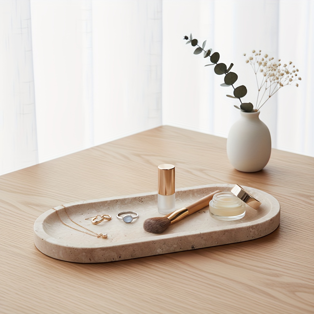 Image of Oval Natural Marble Tray For Bathroom Bedroom | Polished Marble Vanity Trays For Jewelry, Perfume, Cosmetic, Candle, Countertop Storage Organizer For Home Decor, Suitable For Holidays, Jewelry Trays
