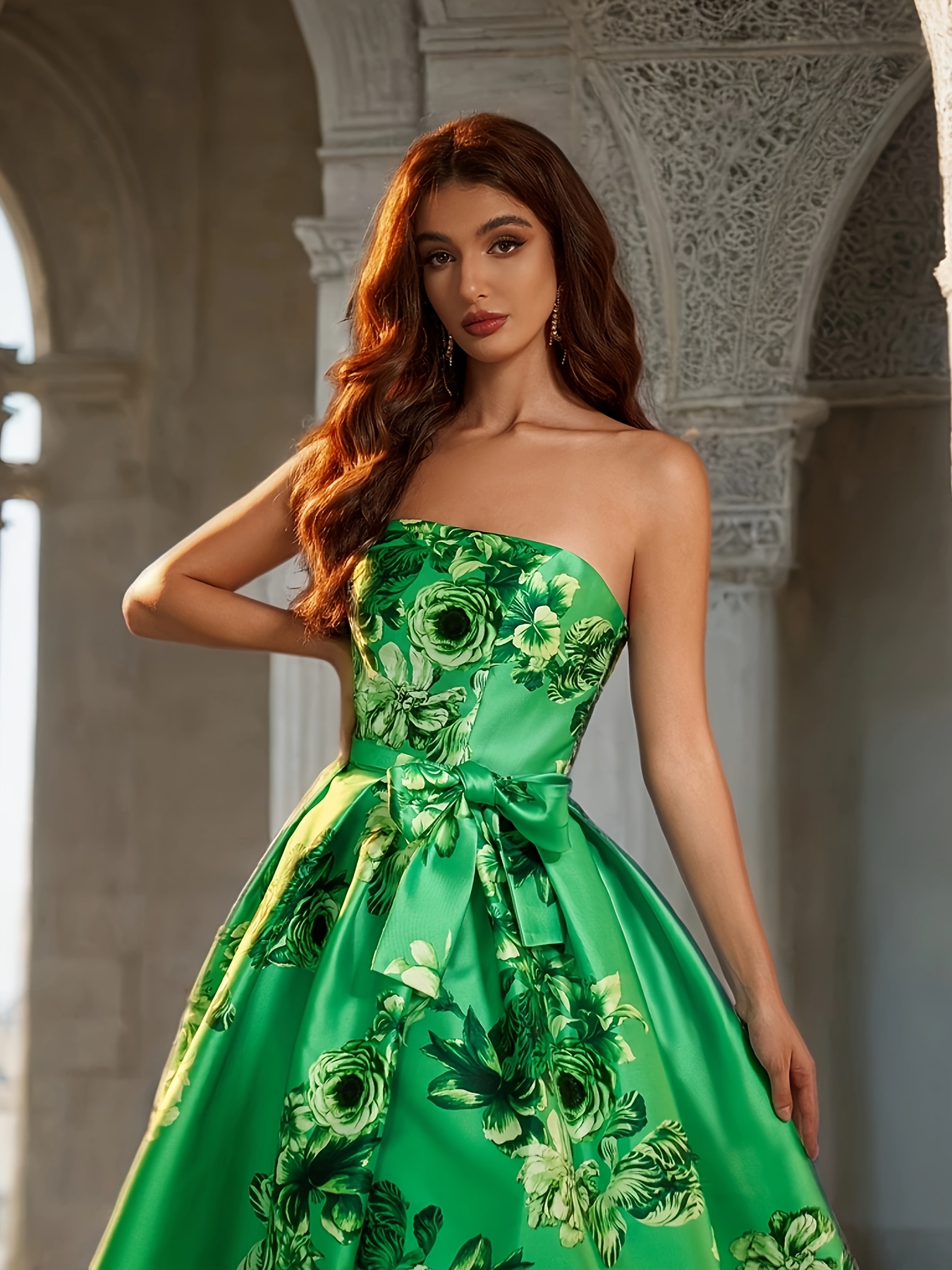 green bowknot floral printed long evening dress women's - Temu Germany