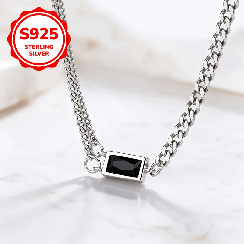 925 Silver Black Square Clavicle Chain Necklace