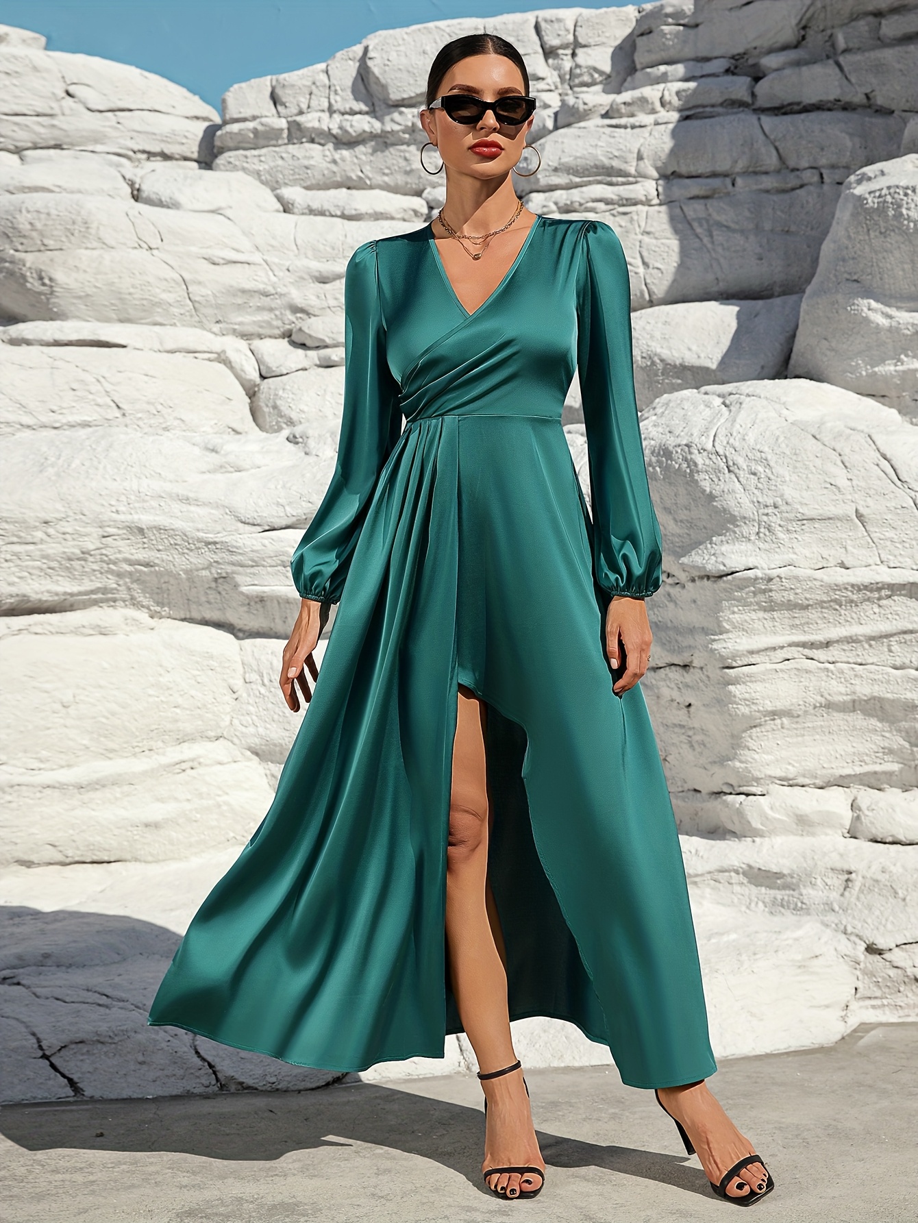 elegant v neck line maxi dress pleated lantern sleeves solid - Temu United  Arab Emirates