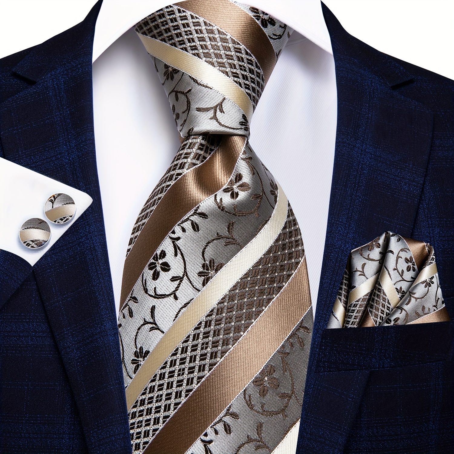 TEMU 1set Formal Mens Tie Brown Ties Floral Necktie Hanky Cufflinks Square Set Wedding