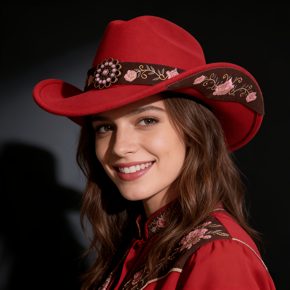womens embroidered western cowboy hat with   lightweight adjustable drawstring   outdoor leisure parties and christmas events party accessory decorative headwear