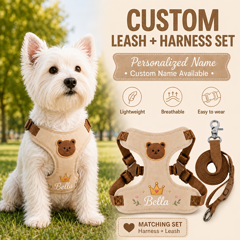 TEMU - Pet Outdoor Walking Chest And Back Harness Set, Custom Name Bear Badge, Breathable Mesh Lining, Dual Metal D-ring Design - Suitable For Small