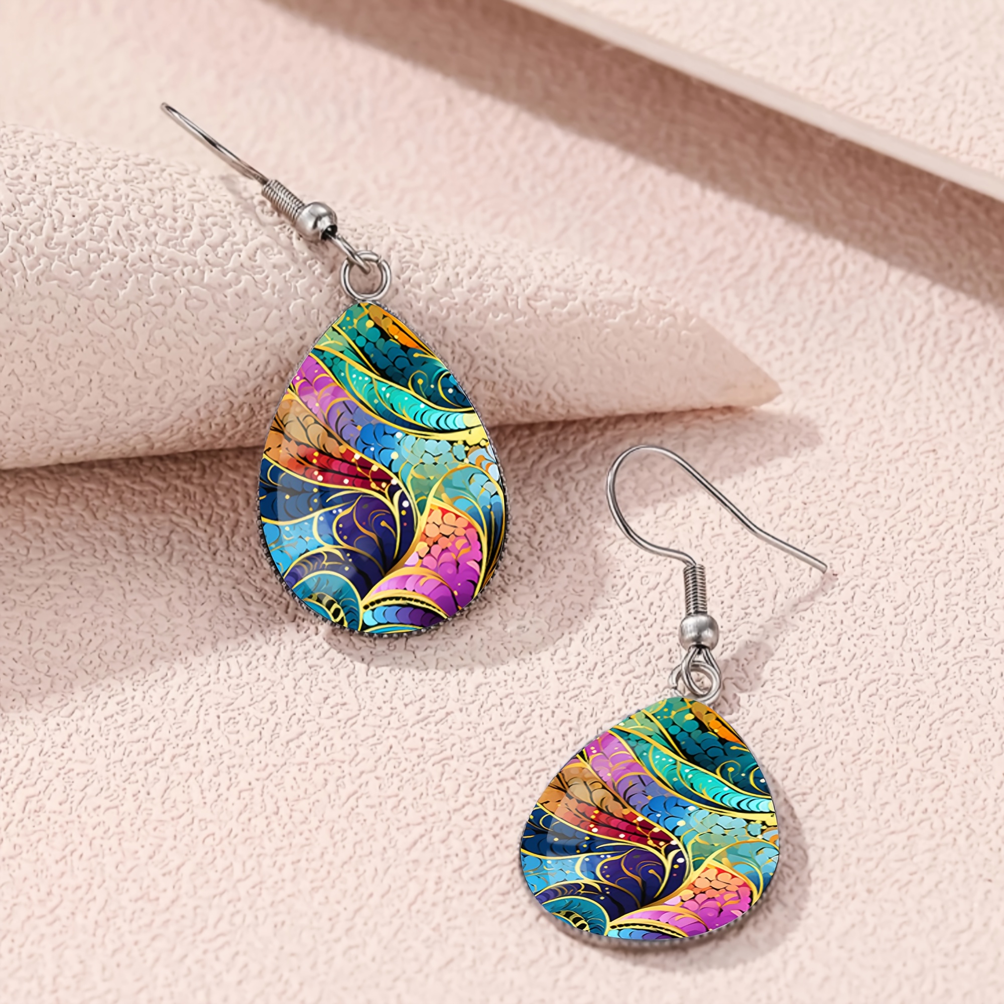 Unisex Colorful Floral Pattern Teardrop Earrings, Stainless Steel