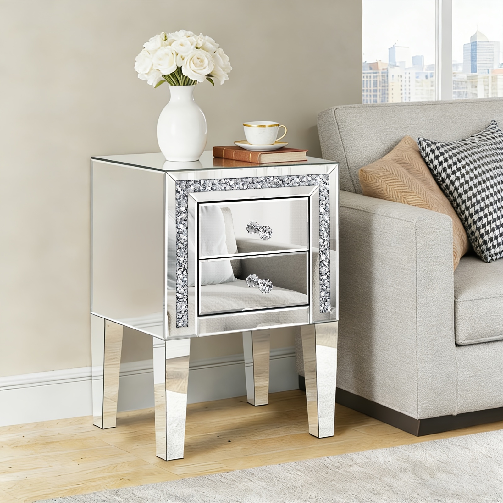 Image of Mirrored Nightstand With 2 Drawers, Inlay Silvery Bedside Table For Bedroom Home Decor