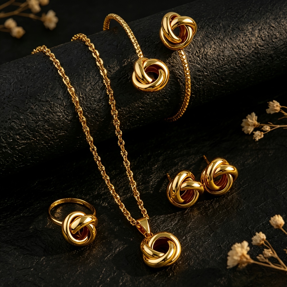 TEMU Parure de bijoux plaqués or 14 carats style Dubaï du Moyen- pour femme, comprenant un bracelet rond , une bague, un collier pendentif et des