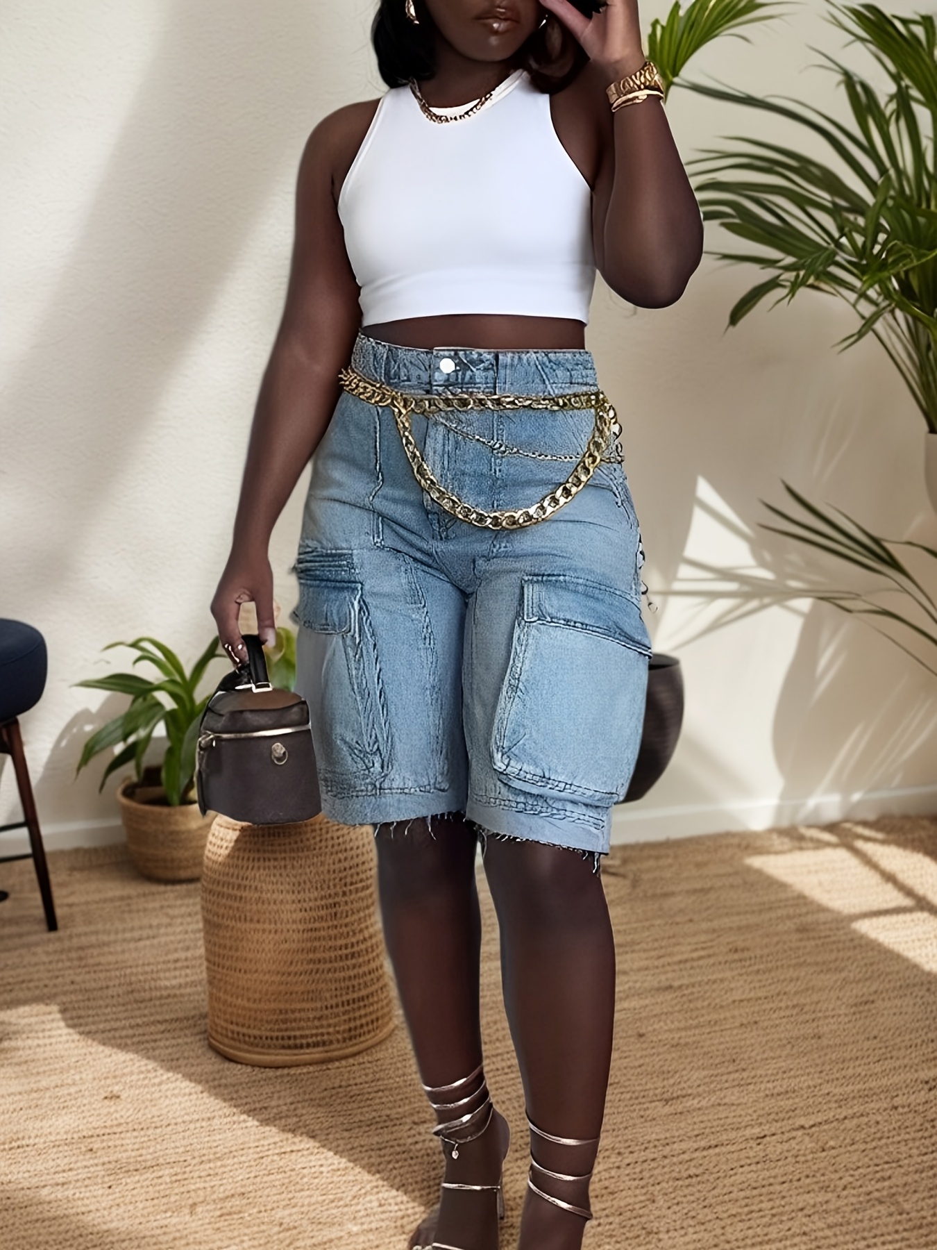 WDIRARA Women's Ripped Raw Hem Cut Out Wide Leg High Waist Casual Denim Shorts With Pockets