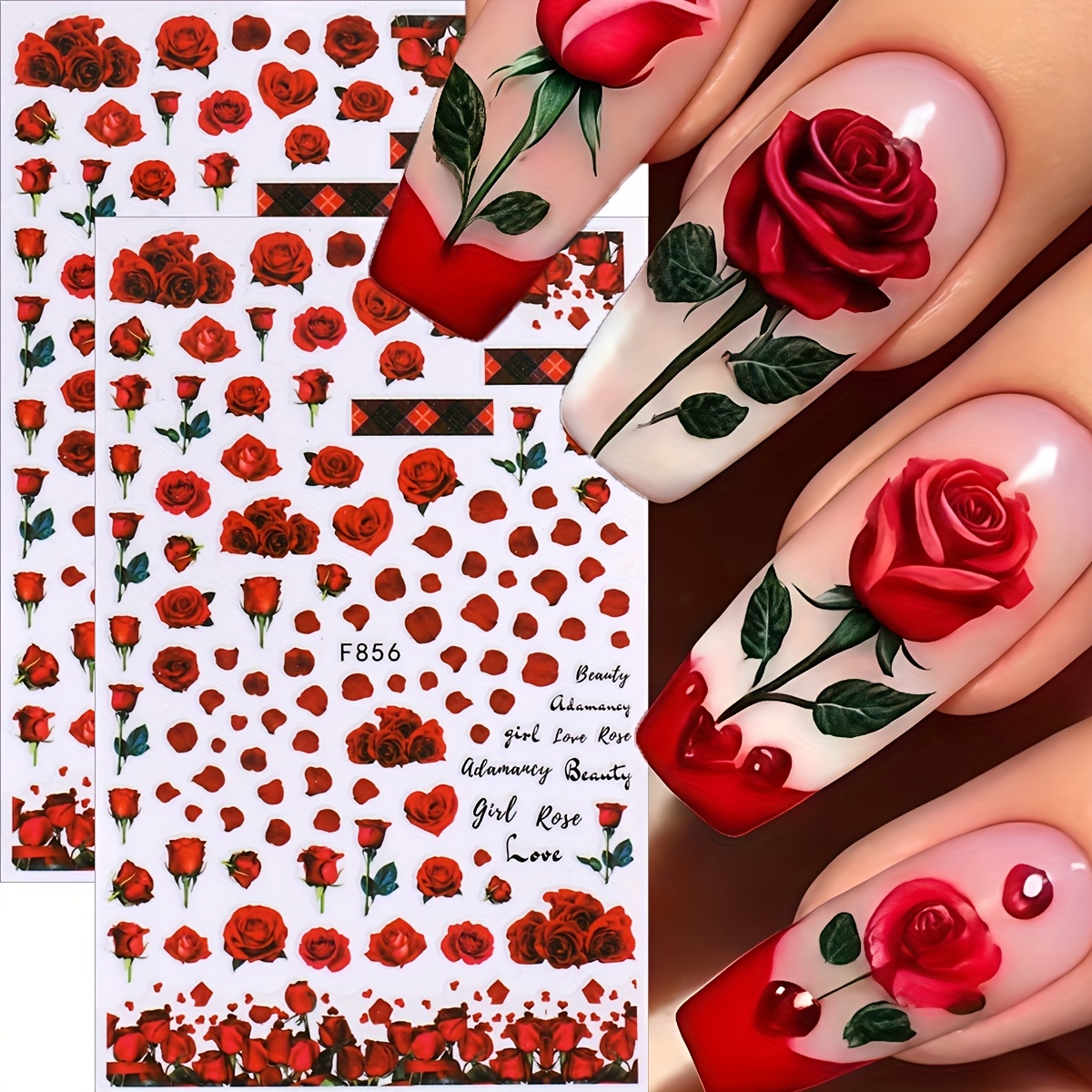 2 Sheets 3d Valentine's Day Romantic Red Rose Nail Art Stickers - Glossy Self-adhesive Nail Decals With Heart & Floral Patterns, Red Rose , Nail Art Stickers, Cute Nail Designs, Easy Application