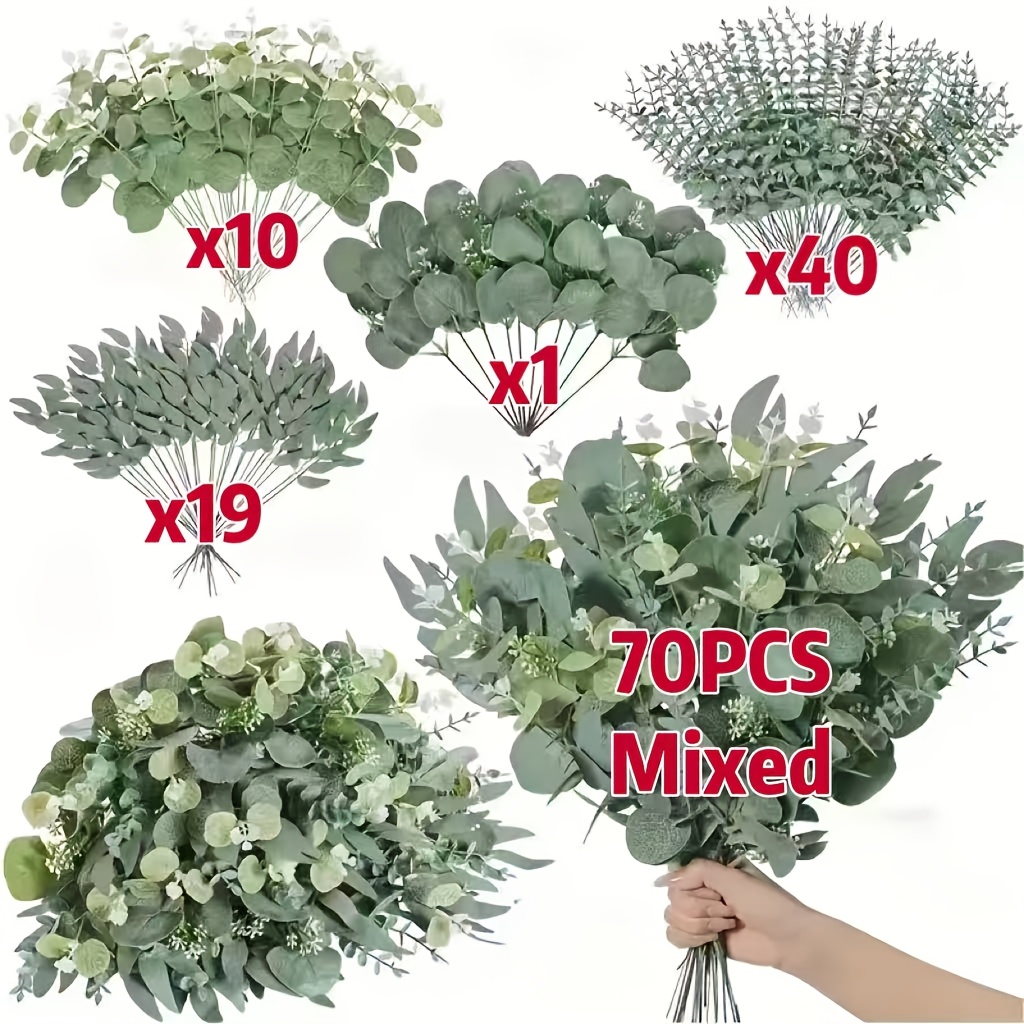 TEMU 70pcs Fleurs de Simulation Mariage Style Nordique Unique Branches Artificielles d'Eucalyptus et de , Disponibles en Couleurs Verts Mélangées,