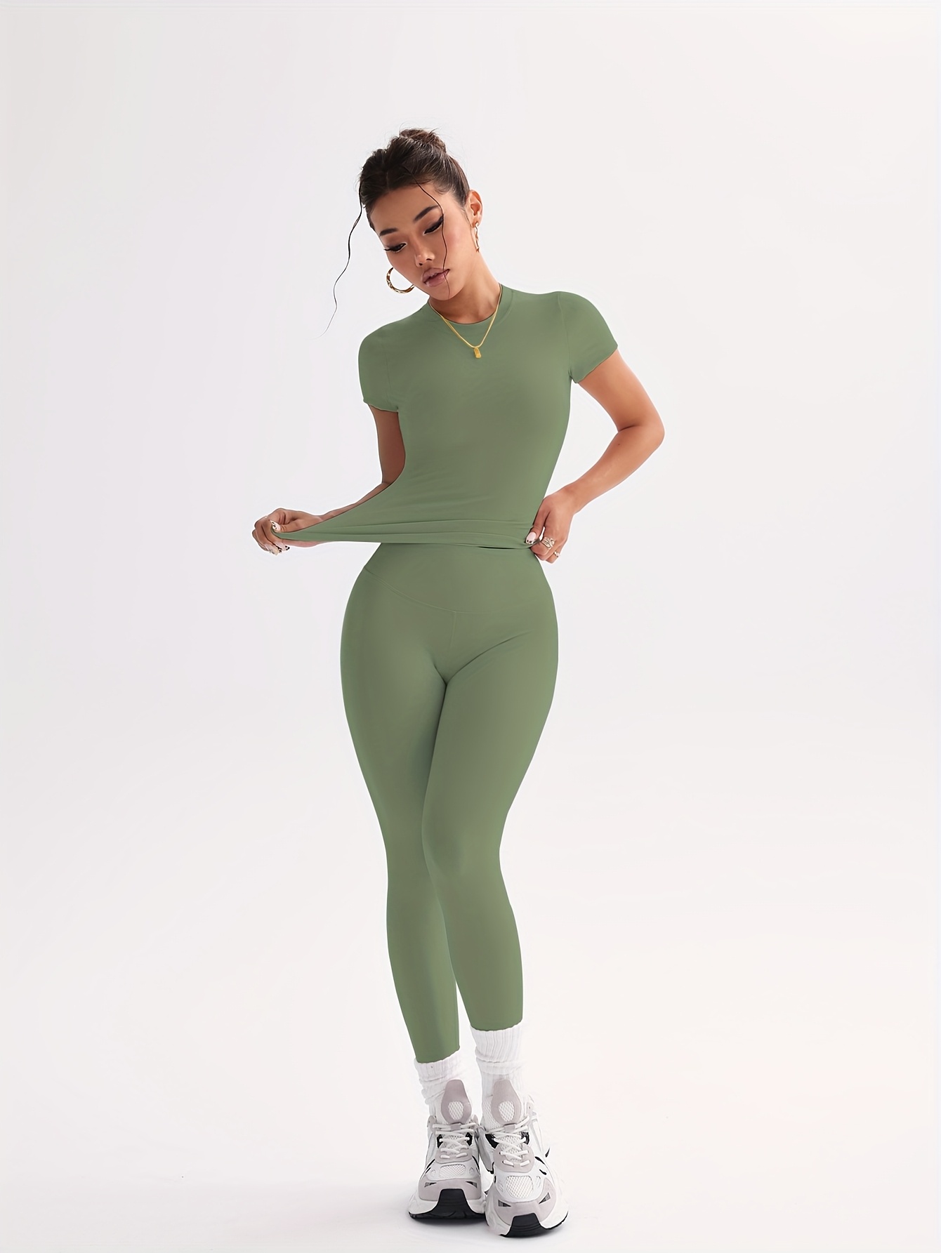     cute solid top elastic fitted round neck sweet fashion versatile trendy jacket elegant high waist tight casual   lifting   dance leg lengthening hip enhancing street running yoga 2pcs set