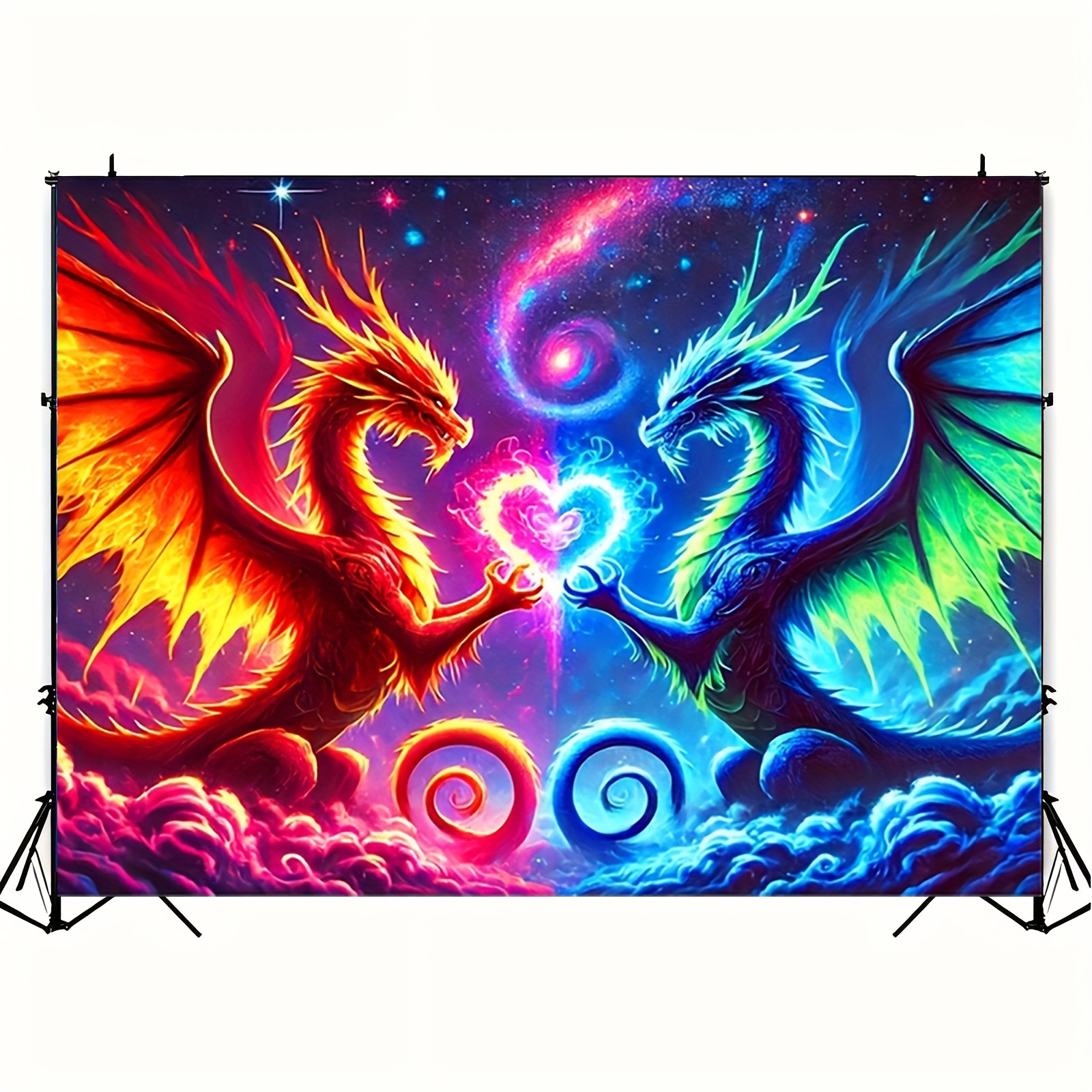 TEMU 1pc Hego Luminous Double Dragon Tapestry- Uv Reactive Fluorescent Wall Art With Stars And Nebula Designs, Polyester Decoration Without Power
