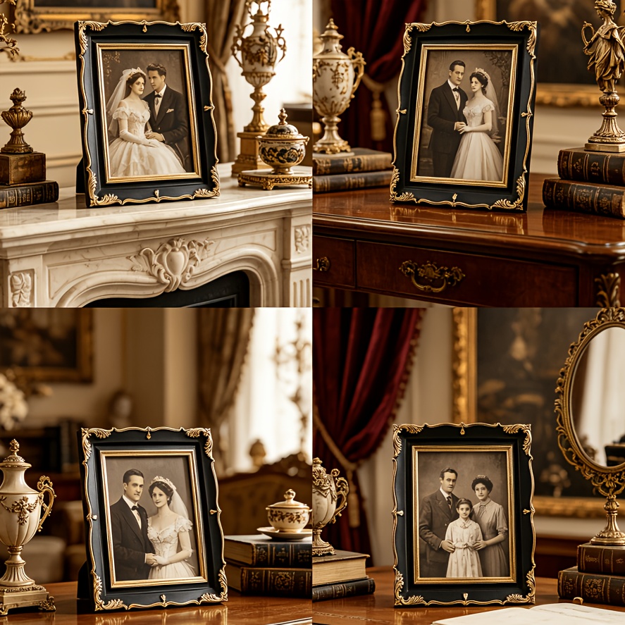 1pc Vintage-Style, Ornate Photo Frames in vintage Golden And Black for Home Décor, Showcasing Wedding Photos, Family Portraits, And Art Prints