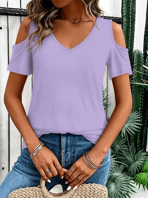 womens solid shoulder v neck short sleeve t shirt casual summer top