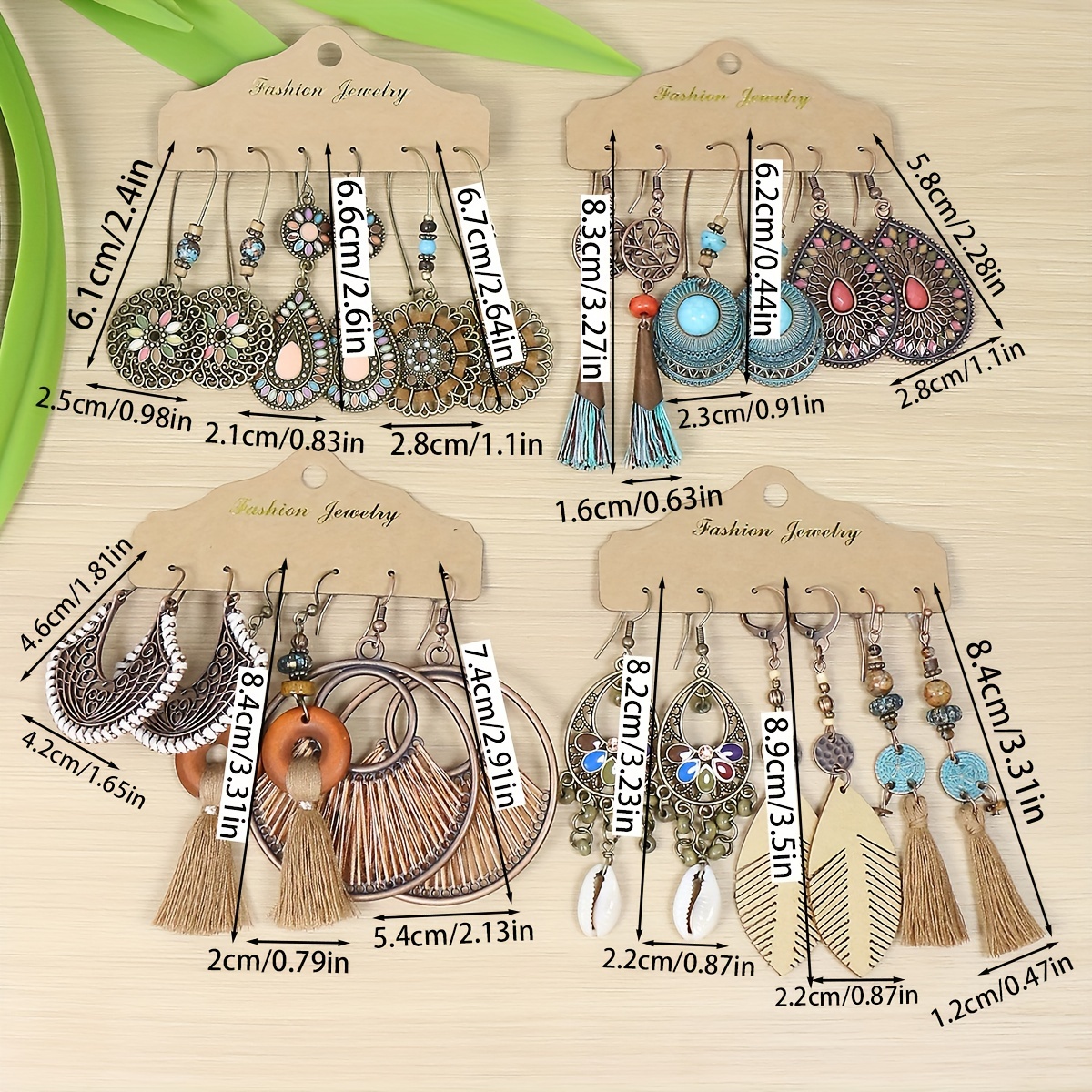 conjunto de 12   de pendientes de moda para mujer estilo bohemio retro, aleacin de zinc    , adornados con pedrera, tejidos a     de     de cuero sinttico, conjunto de pendientes de   con borlas de tela,  ,   saliente, fotografa  , fiesta, regalo,   3