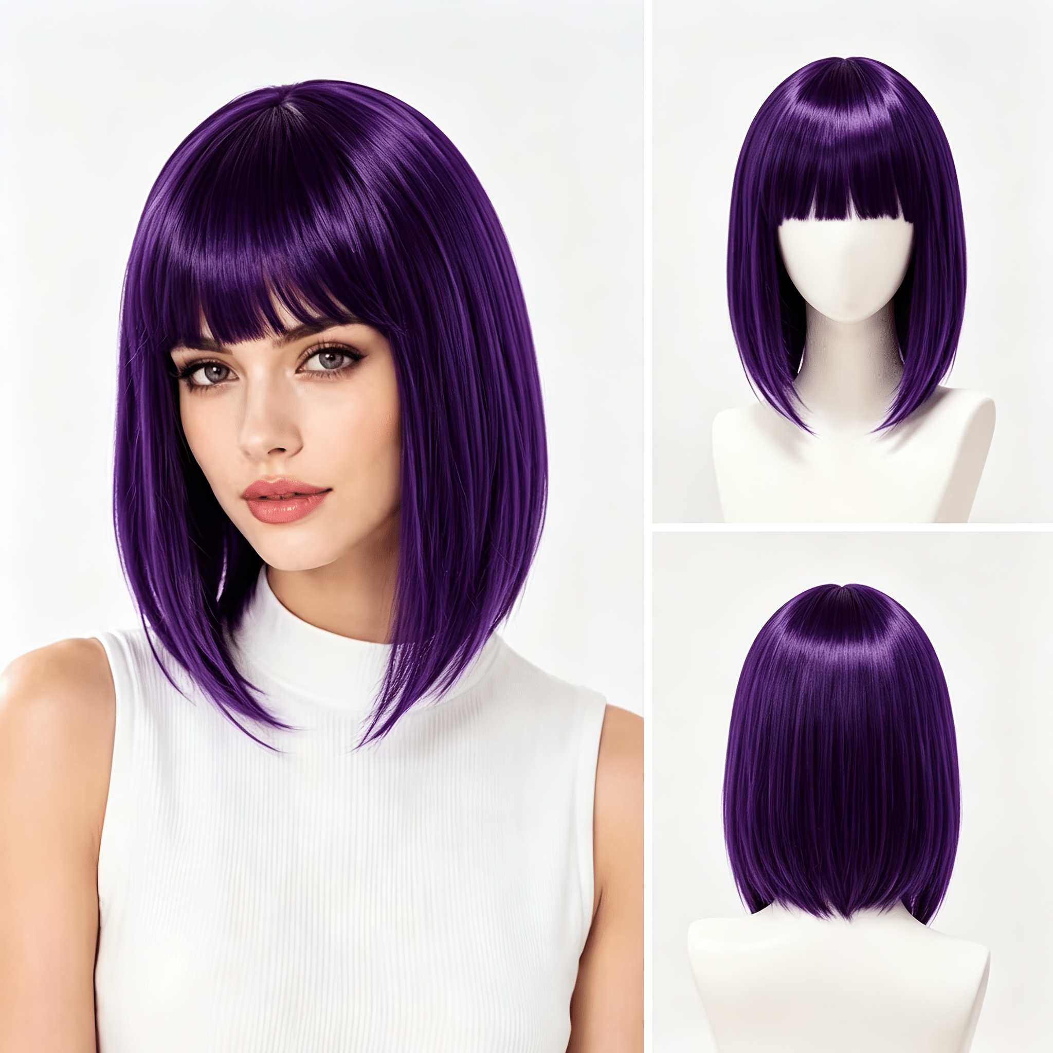 TEMU Women's Purple Short Bob Wig With Bangs - 14-inch Natural-looking Straight Synthetic Hair Suitable For , Heat-resistant Suitable For Halloween