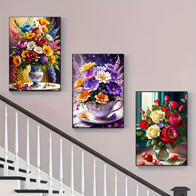 Image of 3 Sets Diy Diamond Painting Set, Rose Lavender Peony Design, Home Wall Decoration Holiday Party Decoration, Art Bedroom Living Room Hanging Painting, Frameless 30cm*40cm/11.8*15.7 Inch