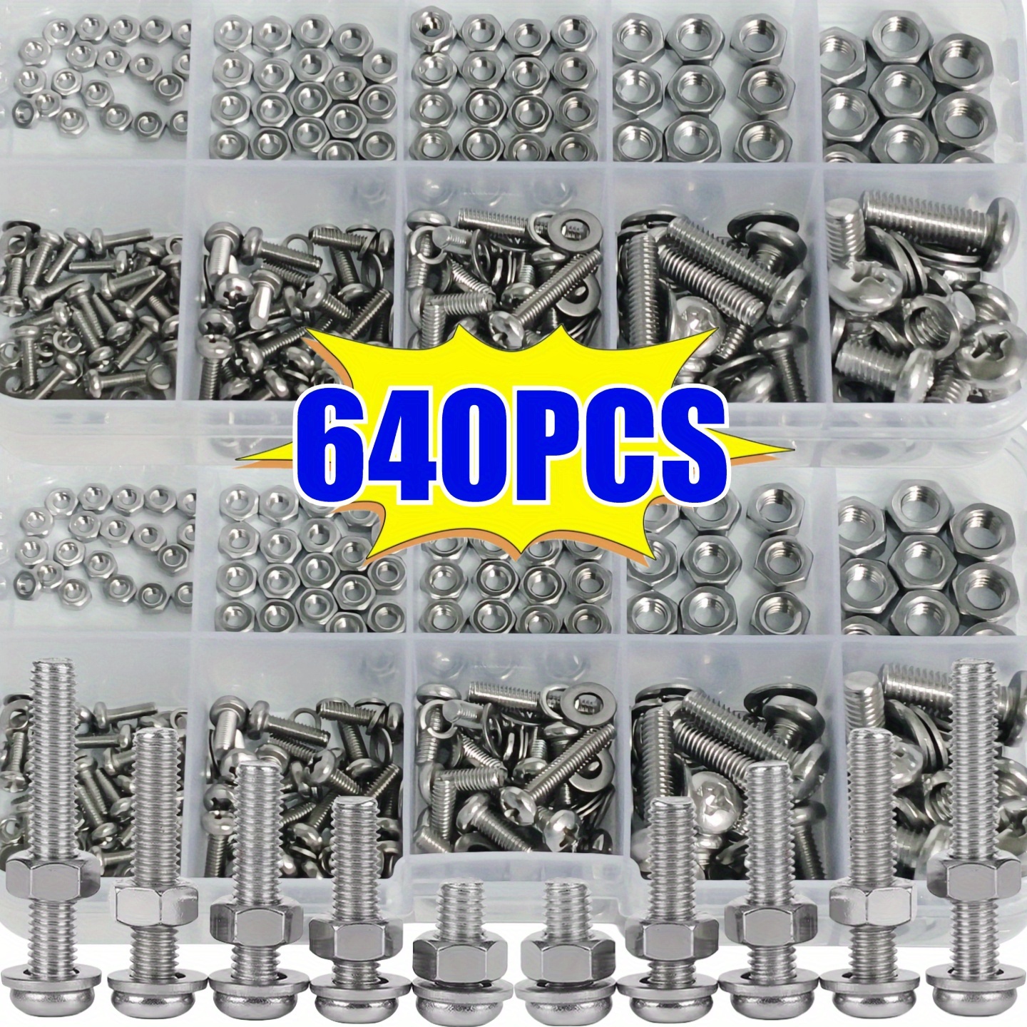 Juego de 640 Piezas de Tornillos y Tuercas Hexagonales M2, M2, M3, M4, M5 - Surtido de Fijaciones Metálicas para Reparación