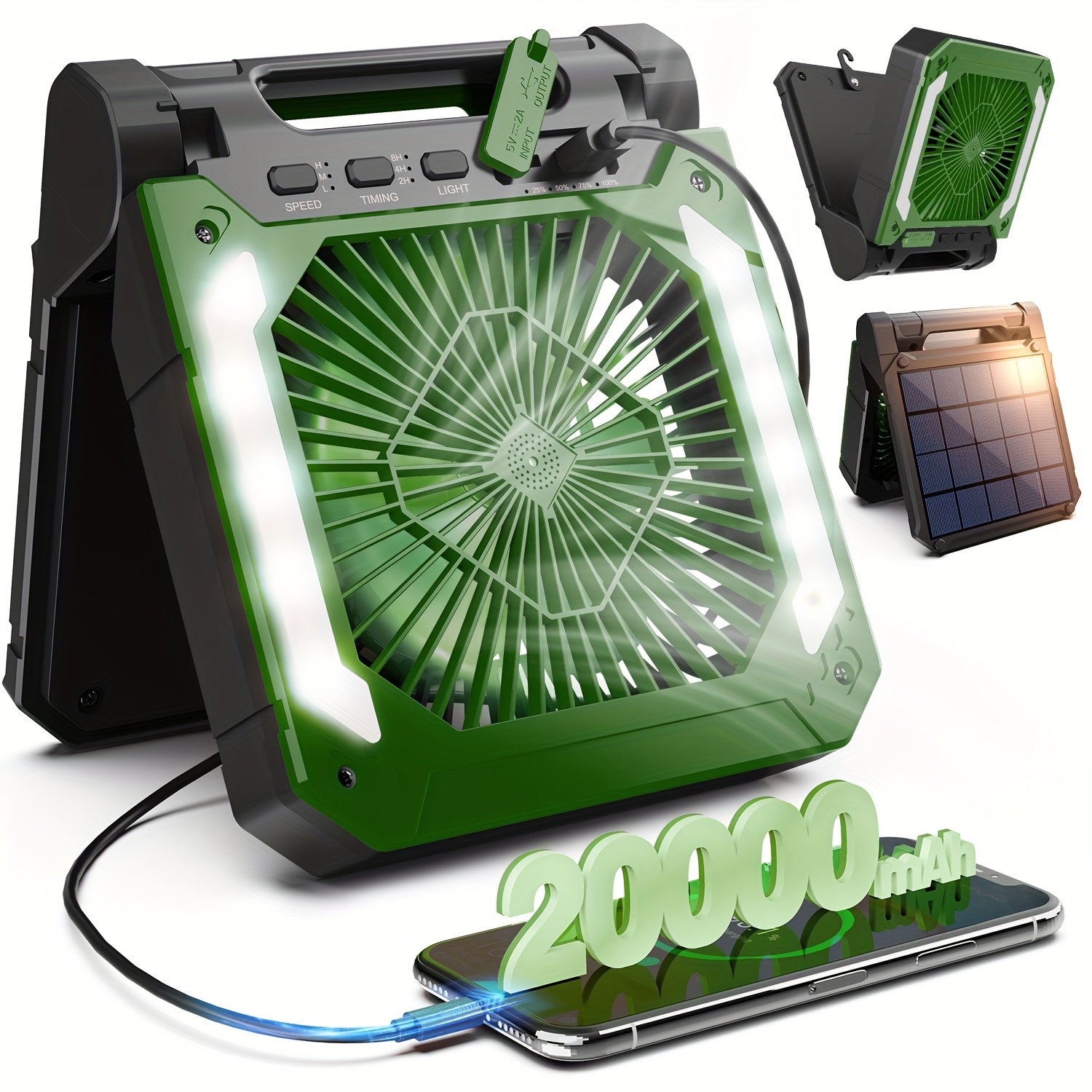TEMU 20000mah Solar Camping Fan With Led Lights, Powerful Rechargeable Battery Powered Portable Fan, Cooling Fan With 3 Timers And Rechargeable Bucket For Travelling Tent Site