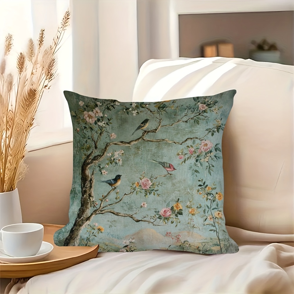 1 double sided vintage chinese floral and bird print pillowcase 18x18 inches soft plush polyester   design with roses on branches and birds suitable for sofa couch bedroom or car decorative cushion cover 2pcs 18 18 inch Product details 5