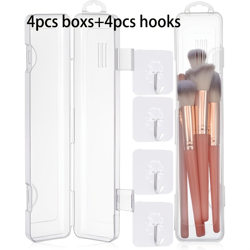 TEMU 4pcs Set Of Travel Makeup Brush Boxes And 4pcs Hooks, Transparent Plastic Makeup Brush Storage Boxes With Clear Lid And Ventilation Holes,