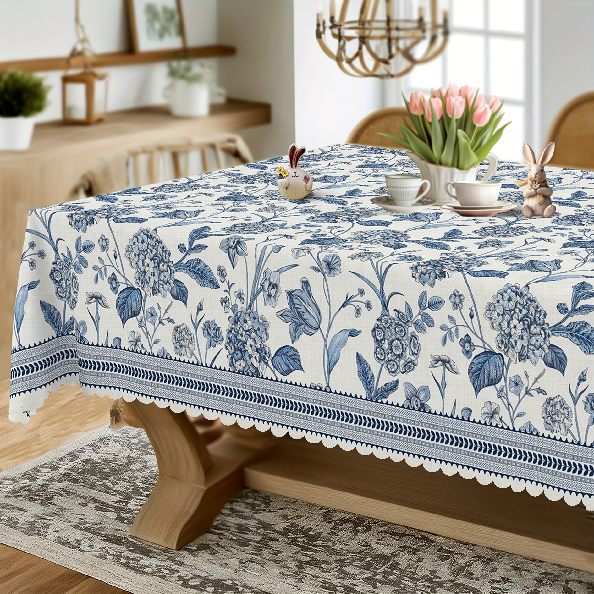 TEMU 1pc Blue And White Retro Flower Leaf Pattern Tablecloth | Polyester,, Available In Rectangular, Square, And Elliptical Sizes, Spring Table