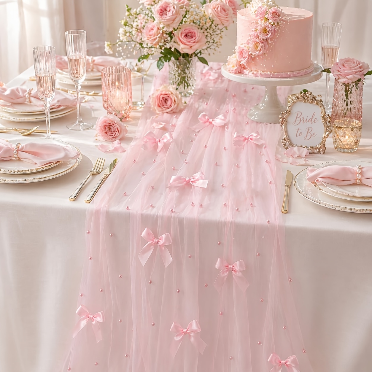 Image of Pearl Table Runner For Wedding, 30 X 120inch Pink Bow Gauze Table Runner For Holiday Wedding Birthday Bridal Shower Table Decor Home Party (pink)