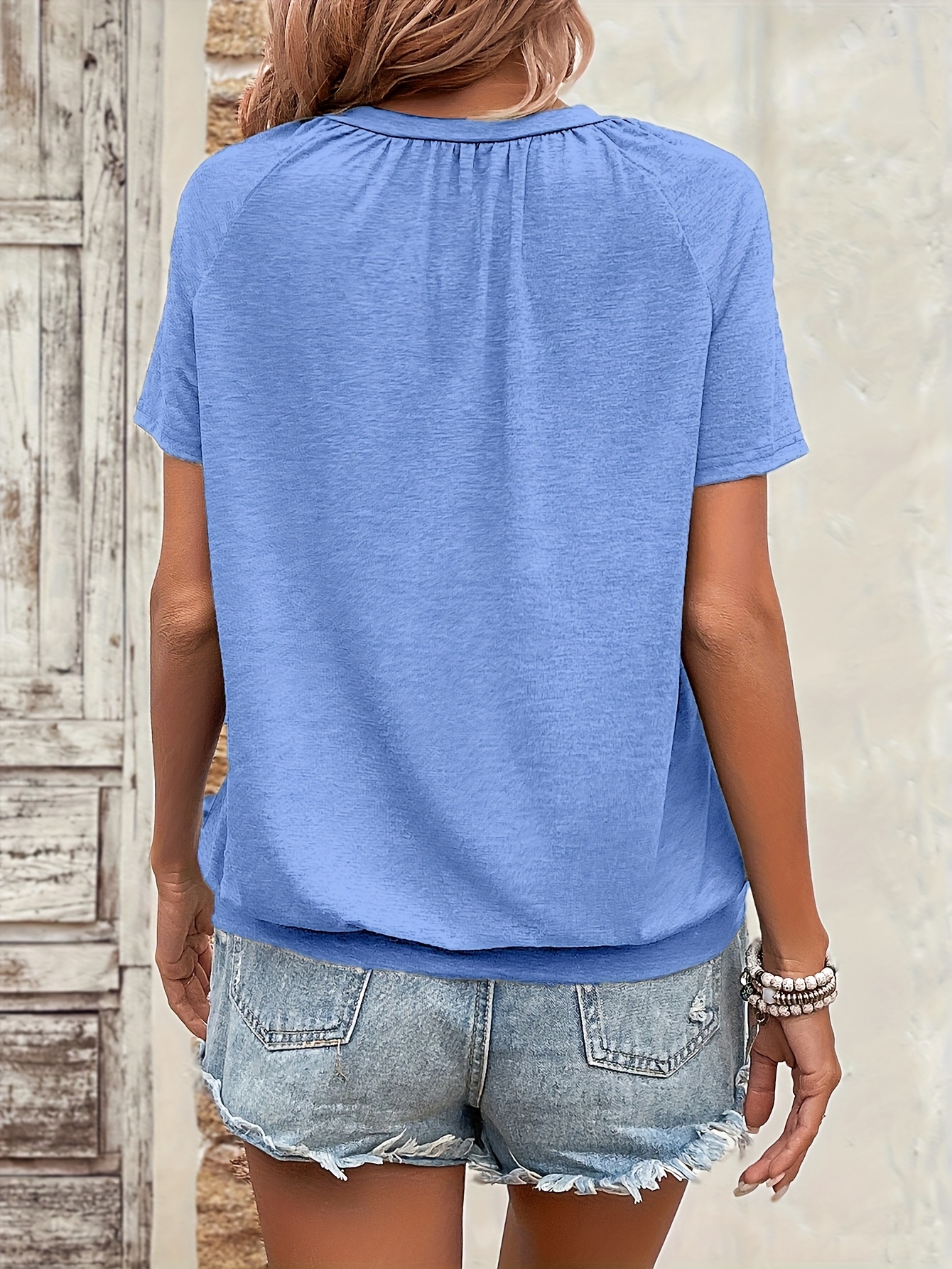 Solid Color V Neck T-Shirt, Casual Short Sleeve T-Shirt For Spring & Summer, Women's Clothing