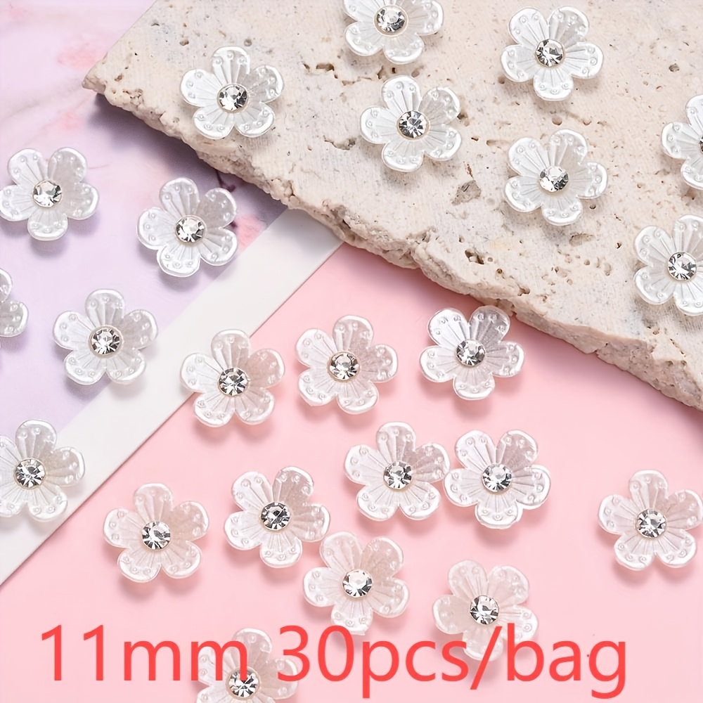 11m 30pcs Acrylic White 5 Petal Flower With Rhinestone Flower Center Embellishments Flat Back Button For Sew Crafts Clothes Bags Shoes Jewelry Making Scrapbooking Decoration