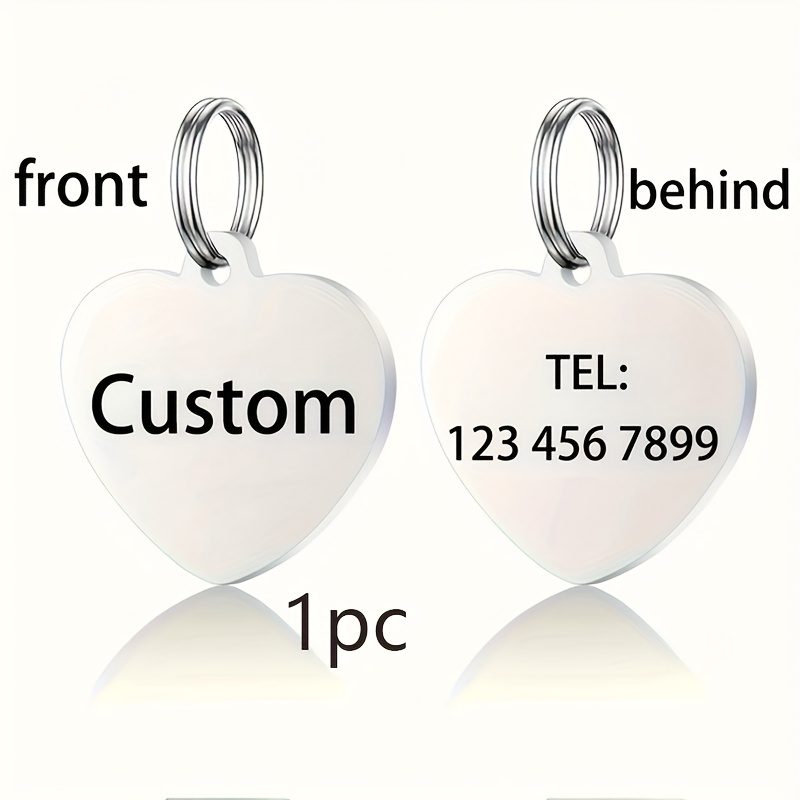 TEMU 1pc Custom Heart-shaped Dog Tag, Personalized Stainless Steel Pet Cat Id Tag With Laser-engraved Name And Phone Number Collar Pendant