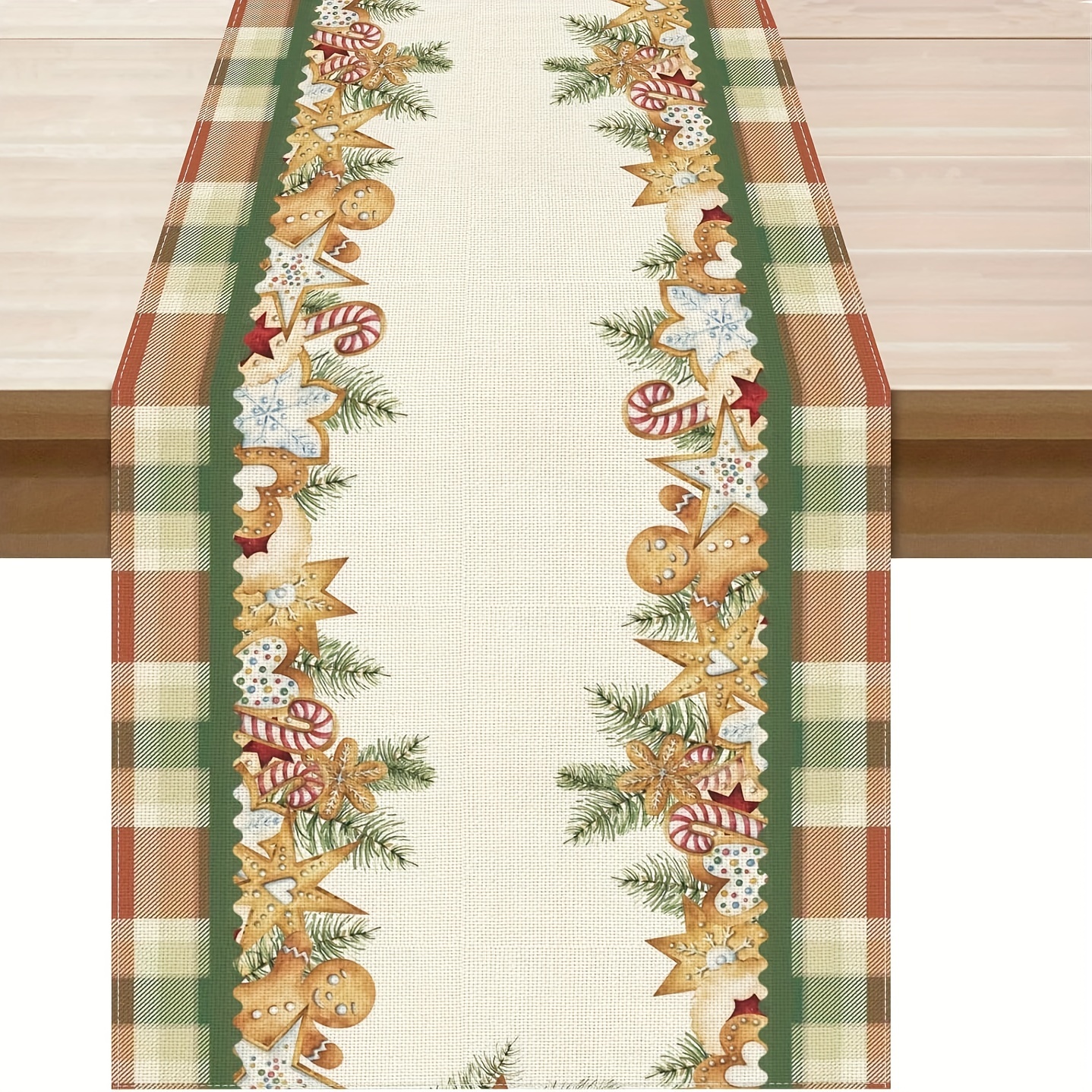 

Christmas Linen Table Runner With Gingerbread Man, & - 100% Woven Linen Rectangular Decor For Dining & Kitchen, Farmhouse Style - In Multiple Sizes