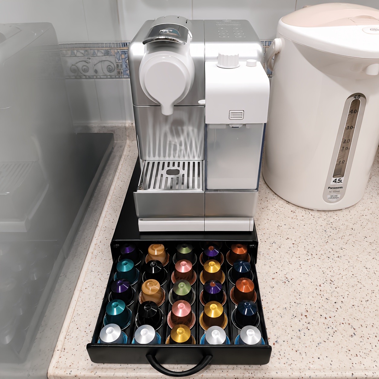 Image of Capsule Storage Drawer Of Sturdy Materials And With A Multi-compartment Countertop Coffee Machine Holder; It Capacity, Space, And Is Suitable For Kitchens, Offices, And Coffee Bars