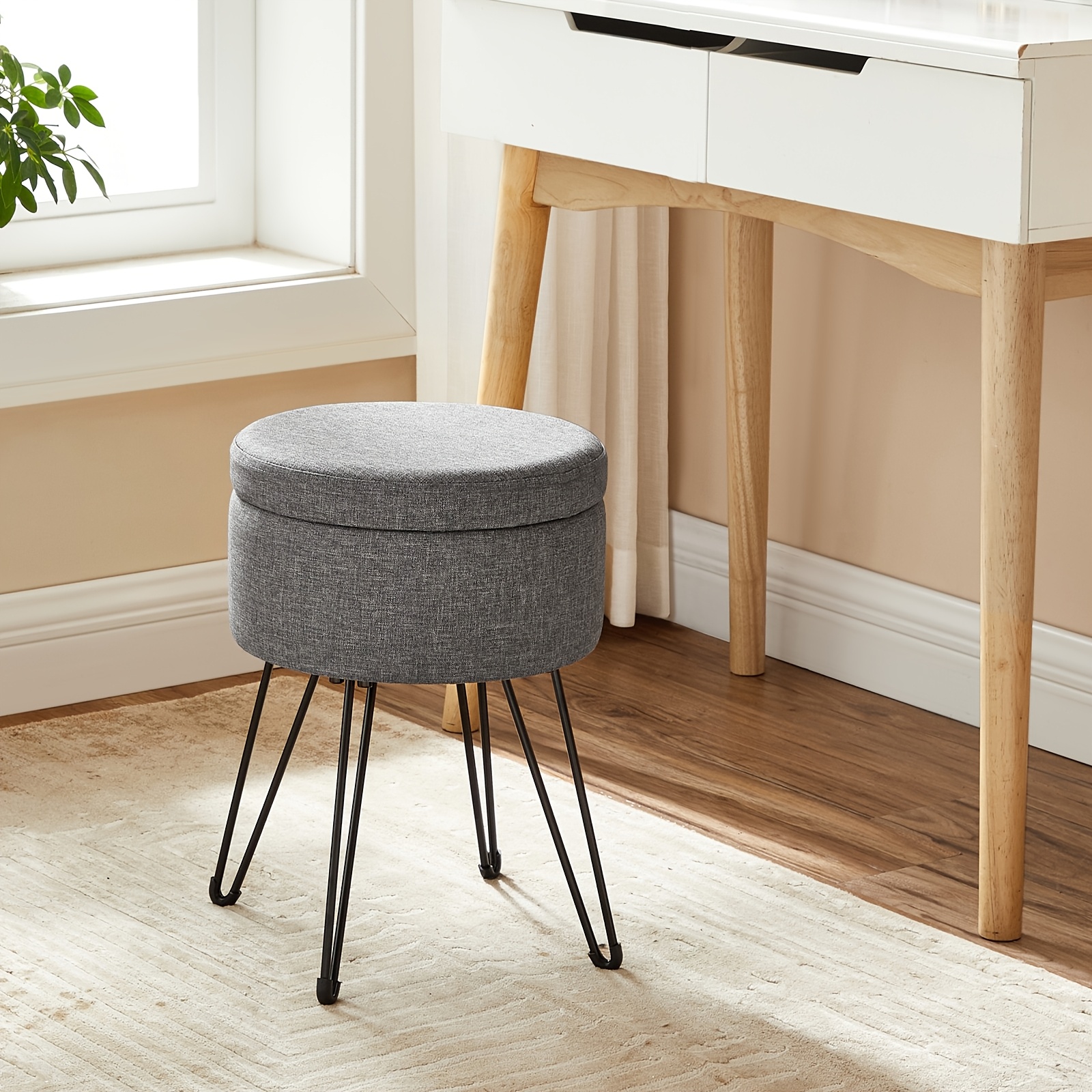 TEMU Tabouret de Coiffeuse, Petit Pouf avec Rangement, Chaise de Coiffeuse, en Métal, pour Salle de Maquillage, Salon, Chambre, Gris Ardoise