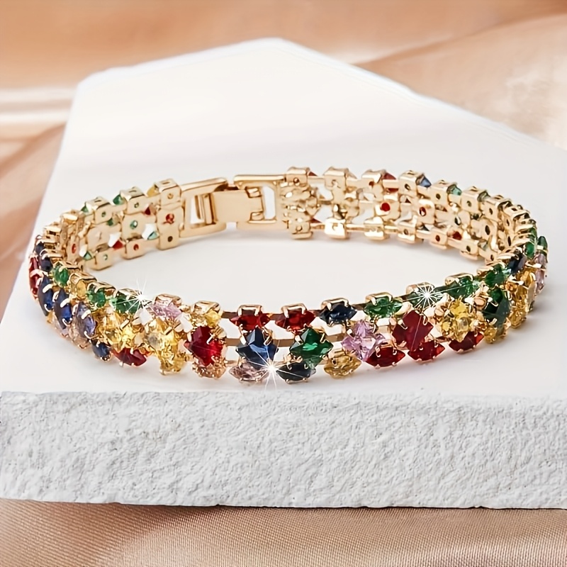 TEMU Elegant Multicolor Bohemian Style Gemstone Women's - Vintage Bohemian Style, Sparkling Cubic Zirconia, Copper Clasp - Ideal Valentine's Day And